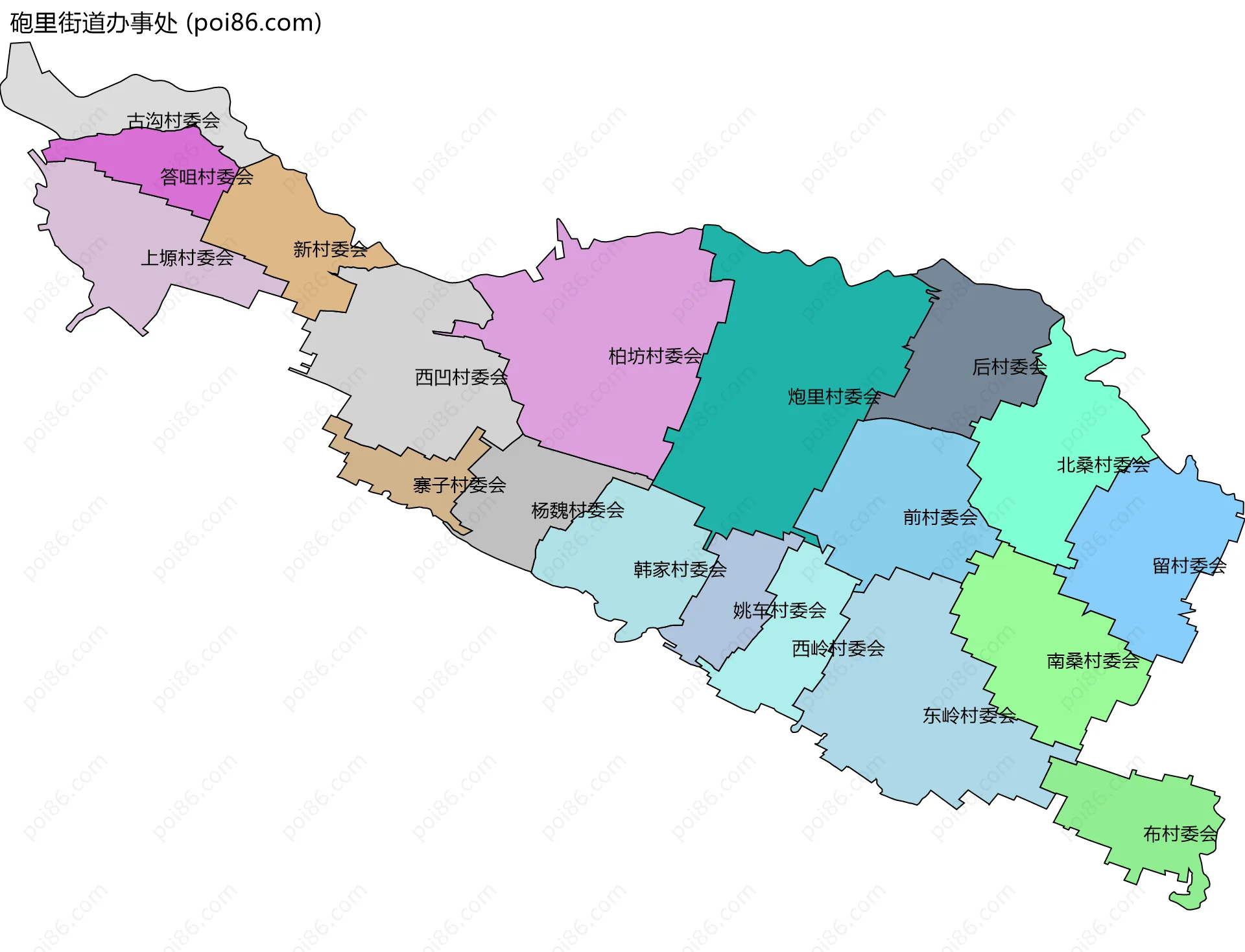 砲里街道办事处边界地图(五级行政区划)