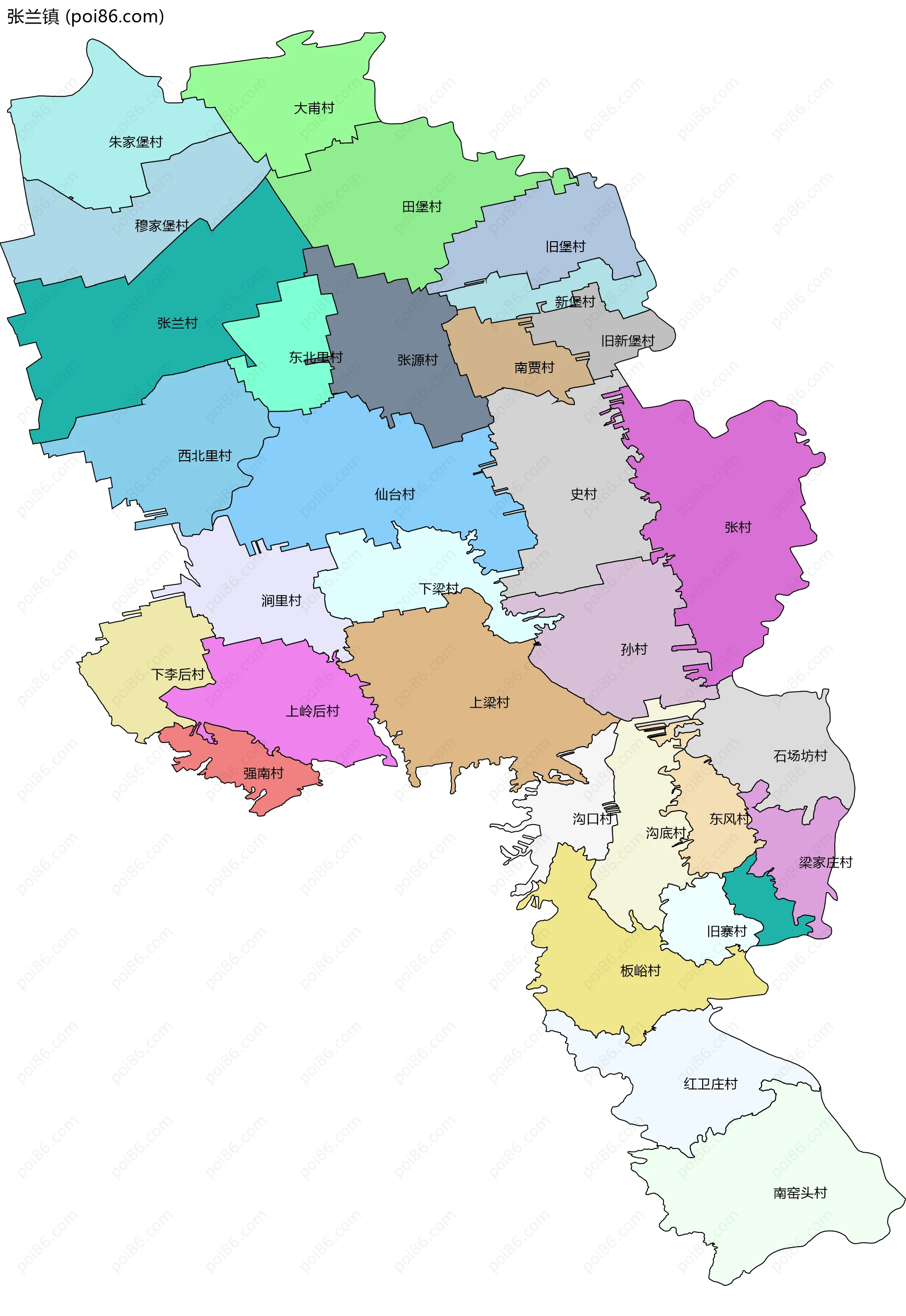张兰镇边界地图(五级行政区划)