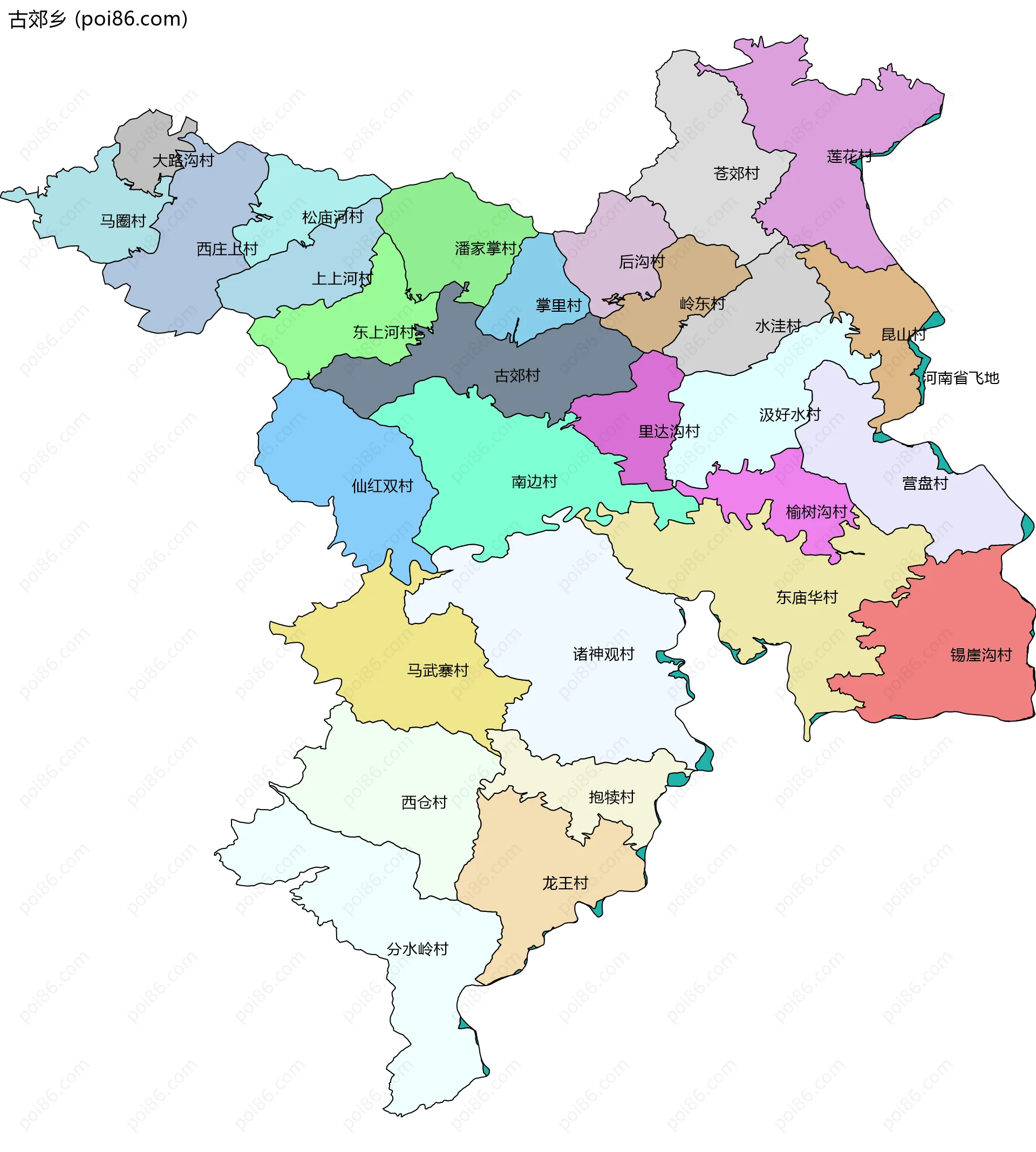 古郊乡边界地图(五级行政区划)