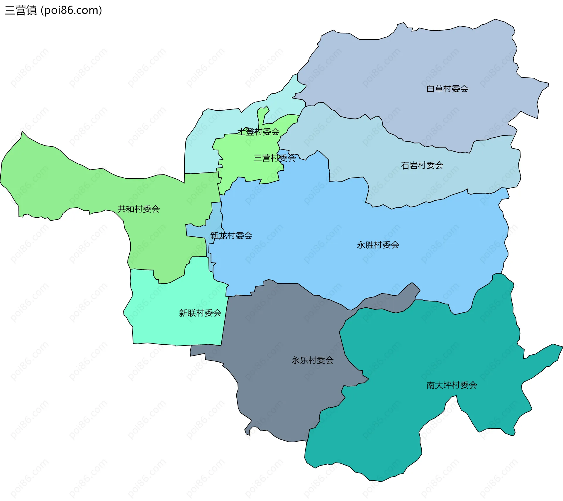 三营镇边界地图(五级行政区划)