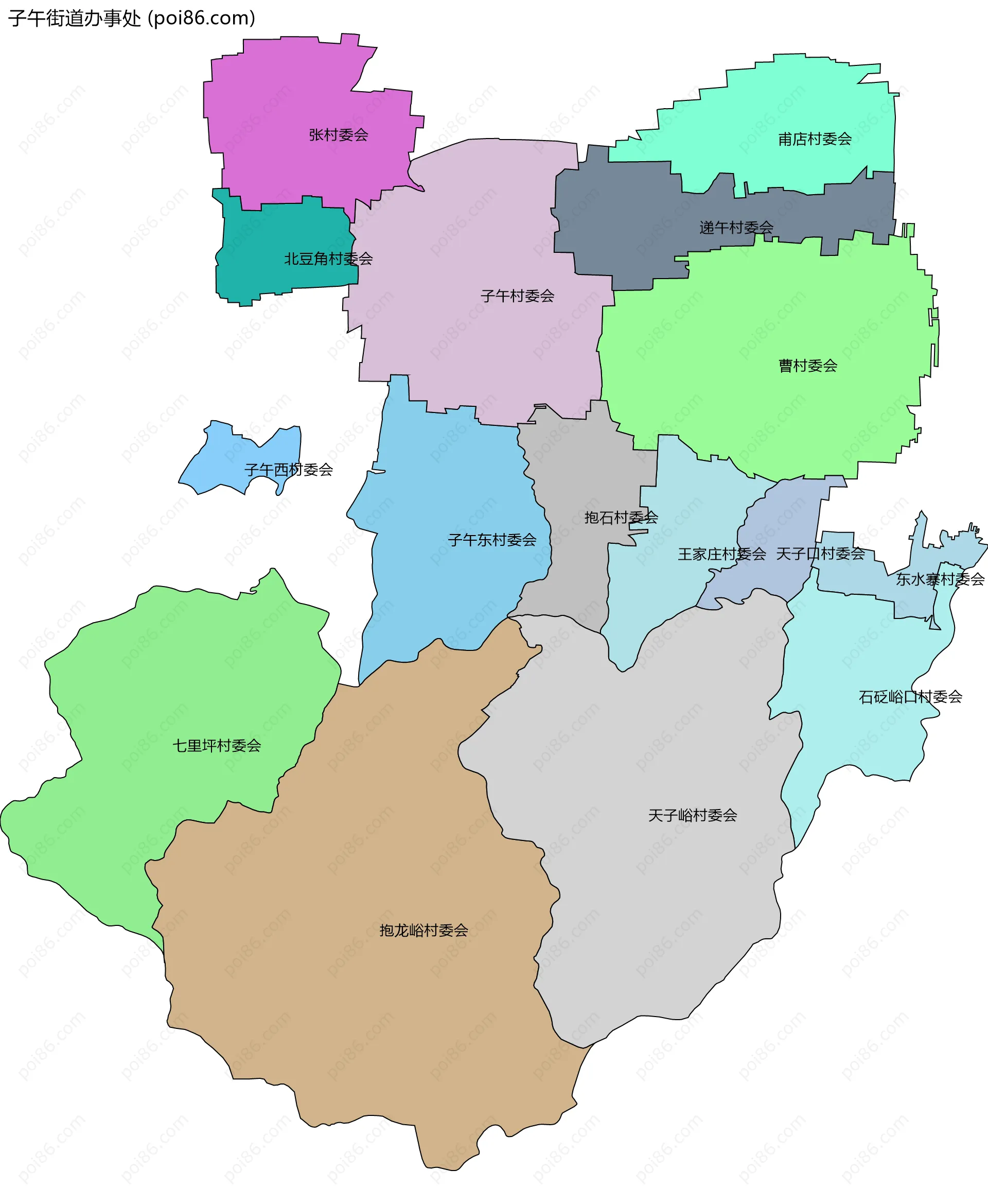 子午街道办事处边界地图(五级行政区划)