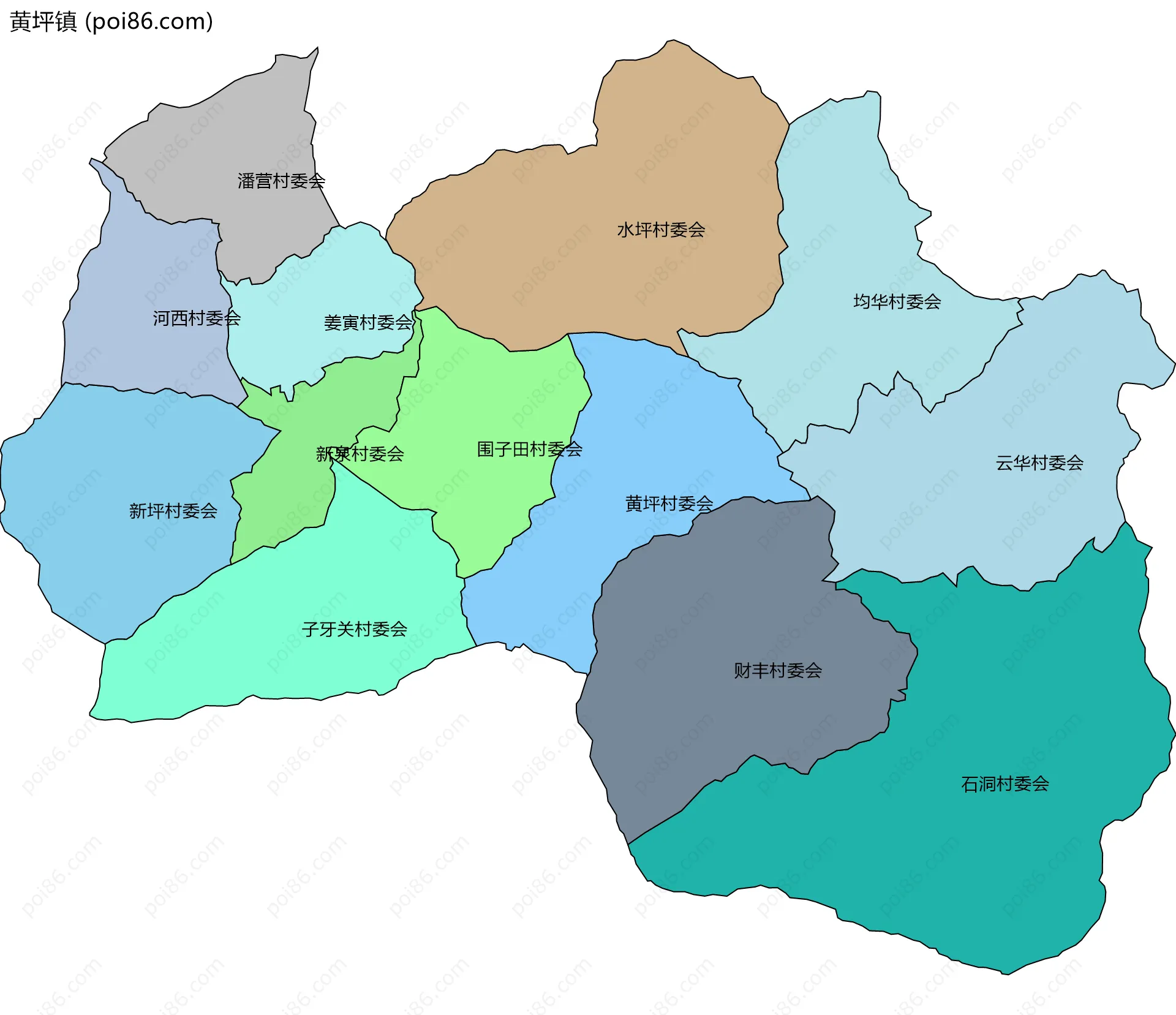 黄坪镇边界地图(五级行政区划)