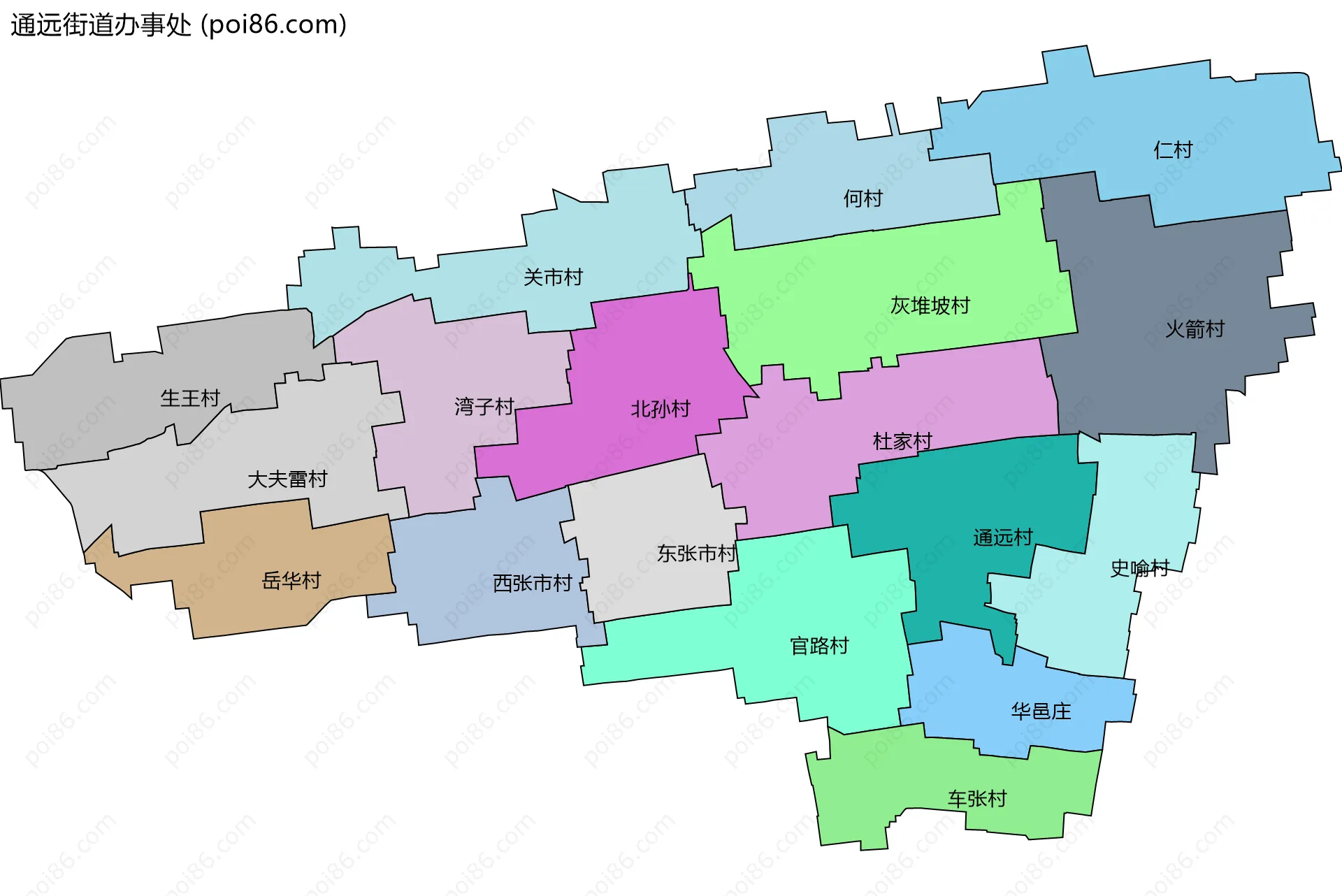 通远街道办事处边界地图(五级行政区划)