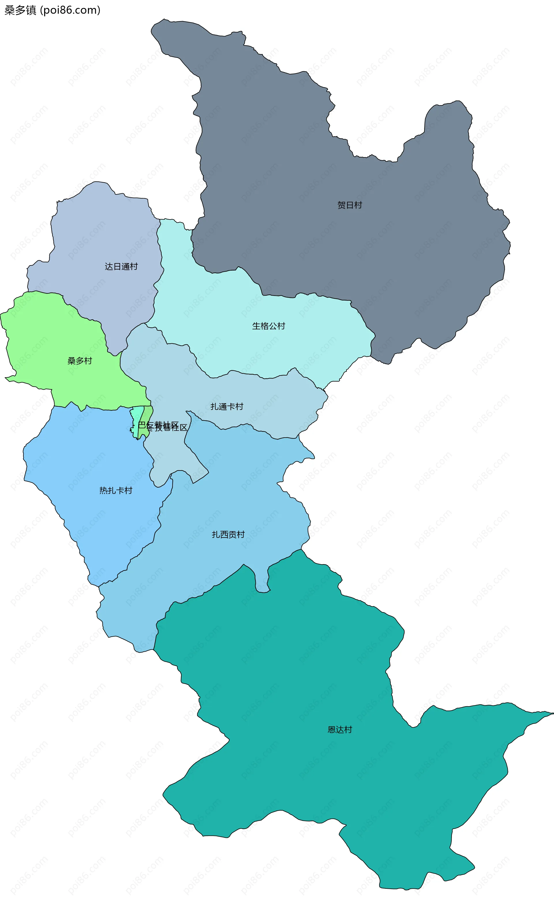 桑多镇边界地图(五级行政区划)