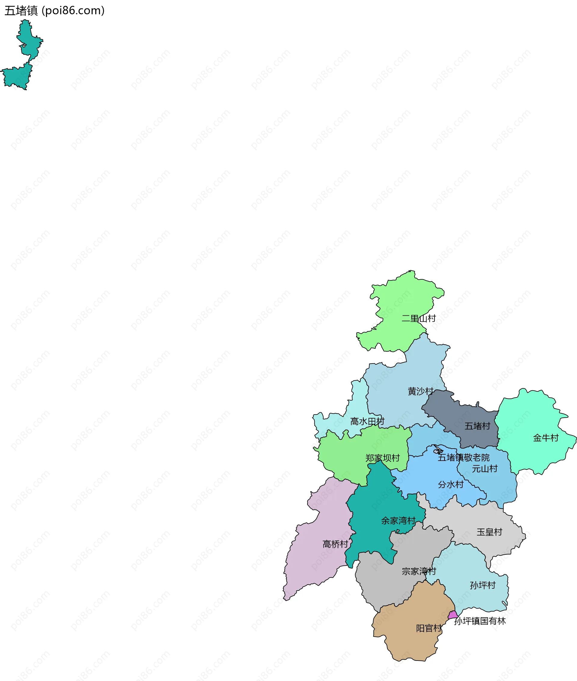 五堵镇边界地图(五级行政区划)