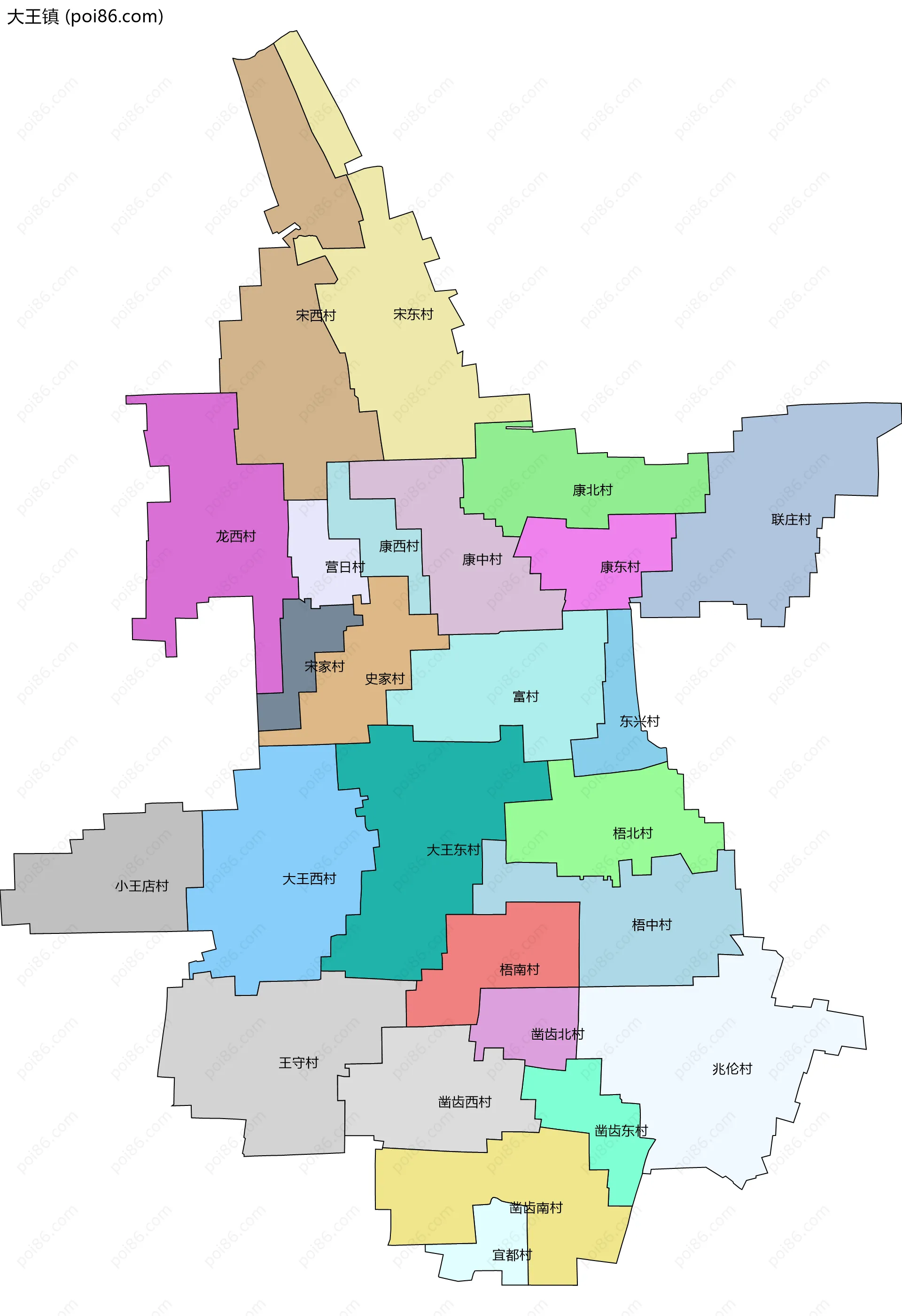 大王镇边界地图(五级行政区划)