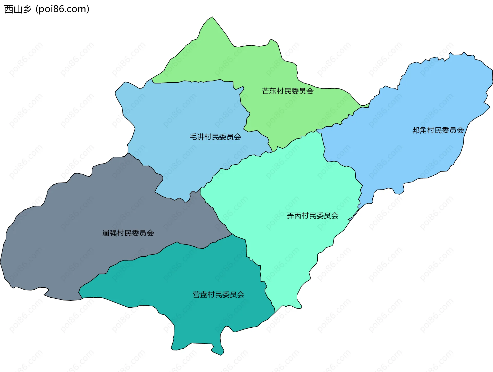 西山乡边界地图(五级行政区划)