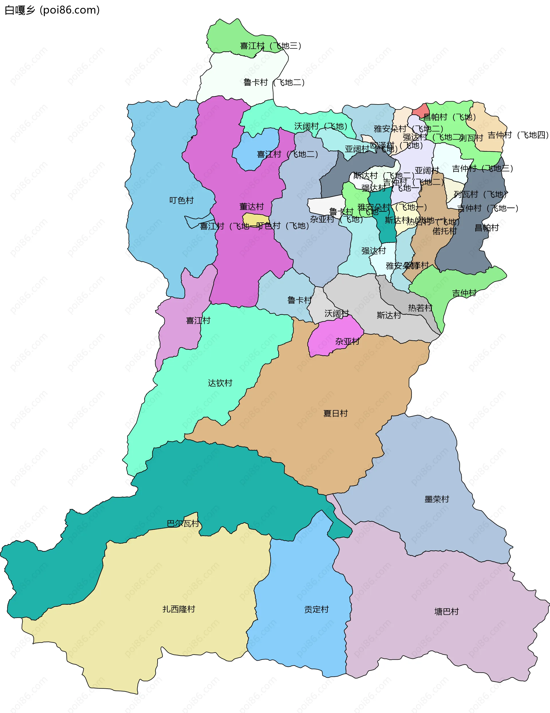 白嘎乡边界地图(五级行政区划)