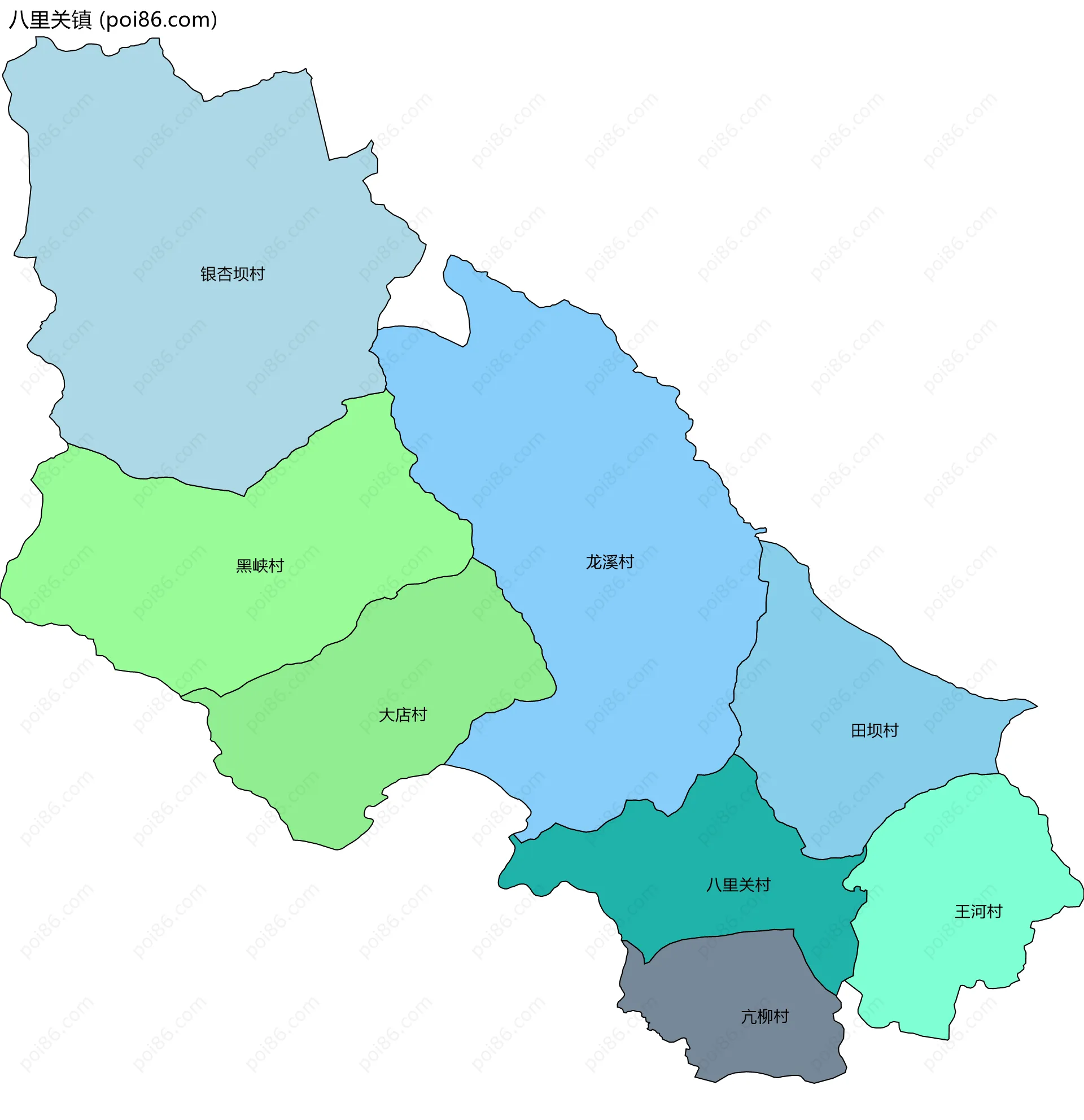 八里关镇边界地图(五级行政区划)