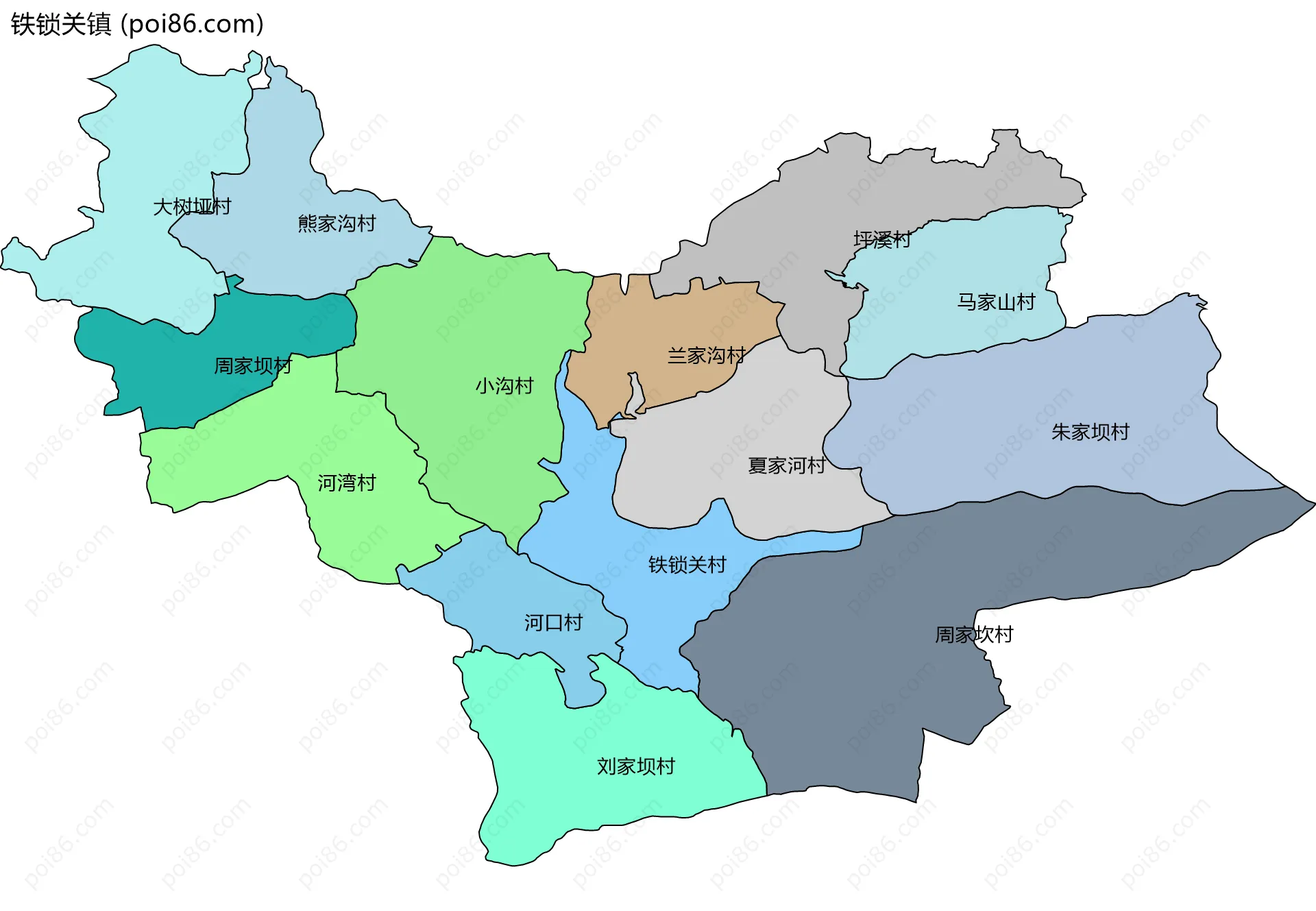 铁锁关镇边界地图(五级行政区划)
