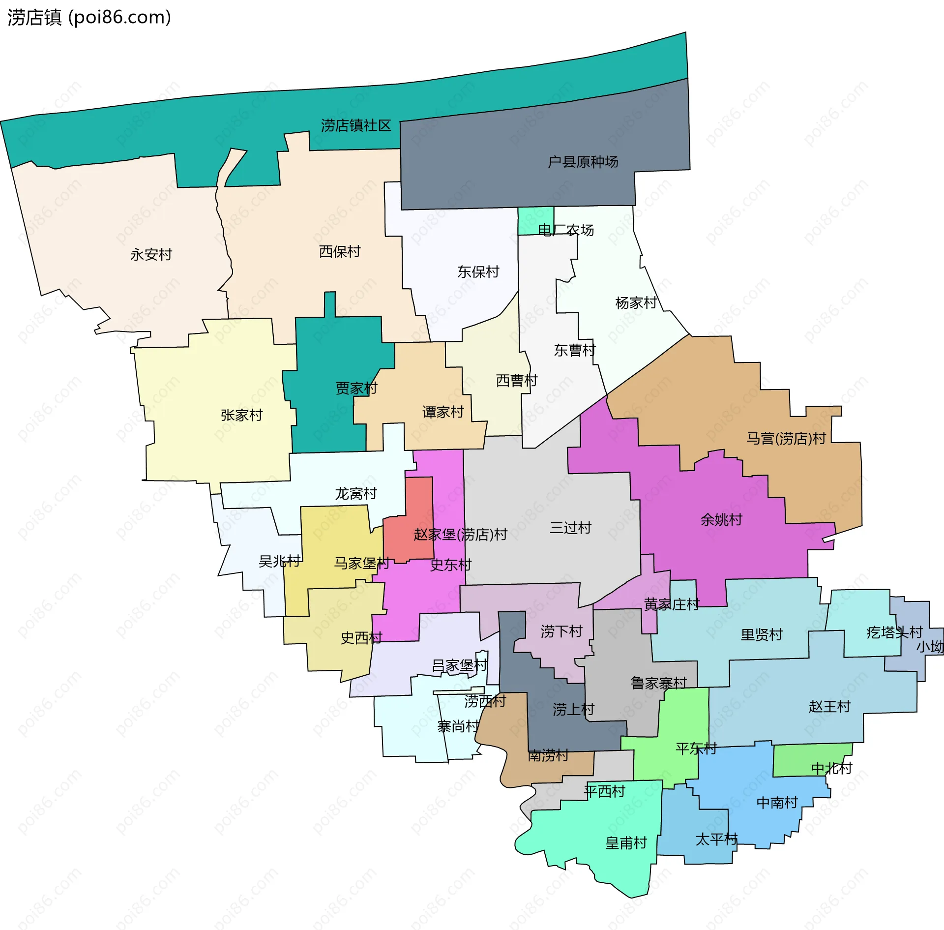 涝店镇边界地图(五级行政区划)