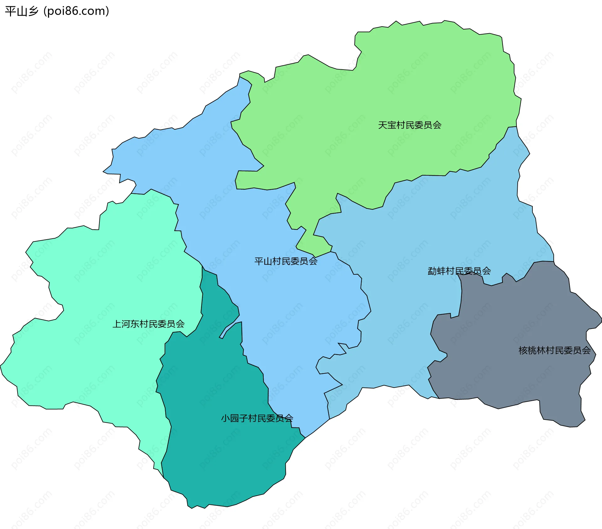 平山乡边界地图(五级行政区划)
