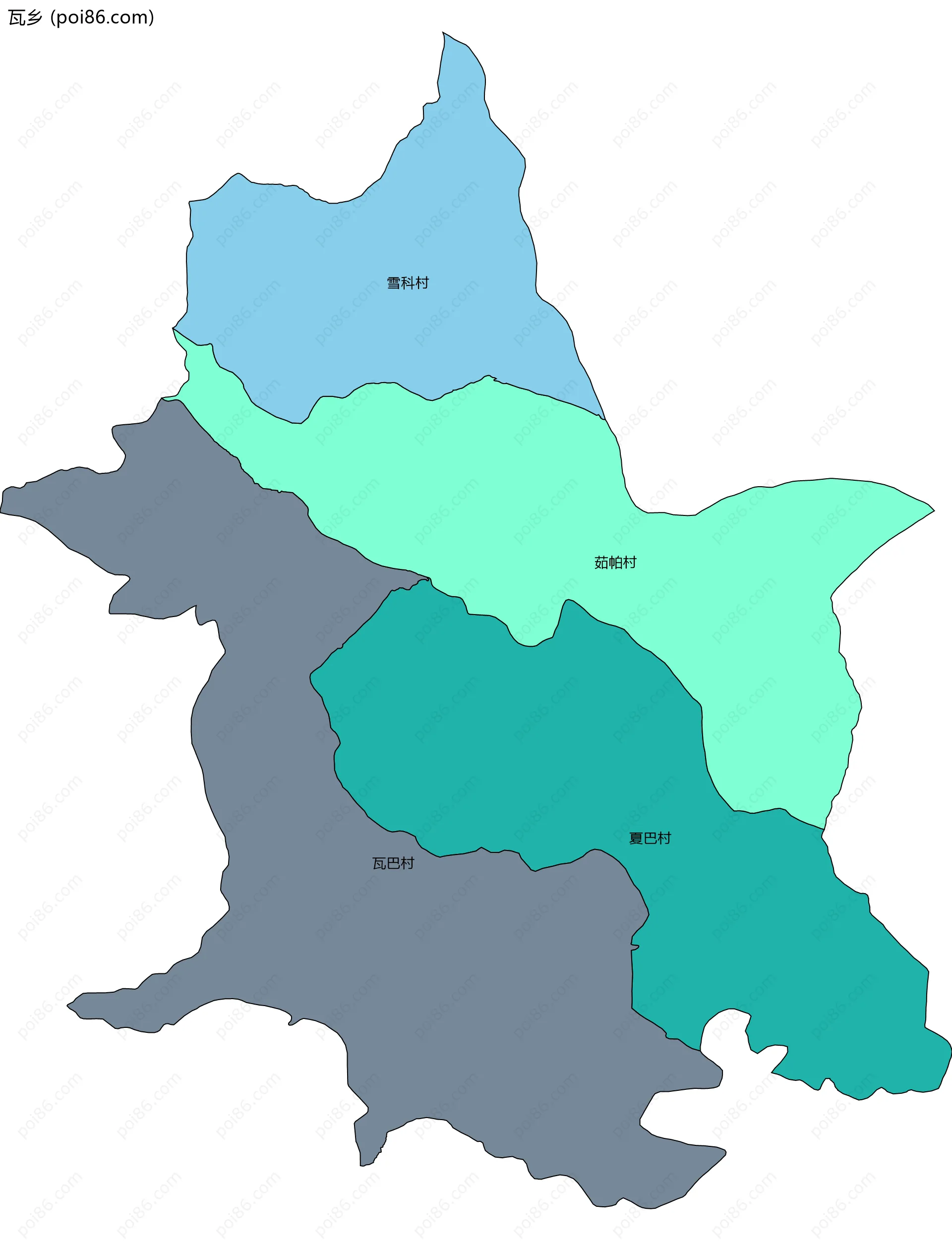 瓦乡边界地图(五级行政区划)