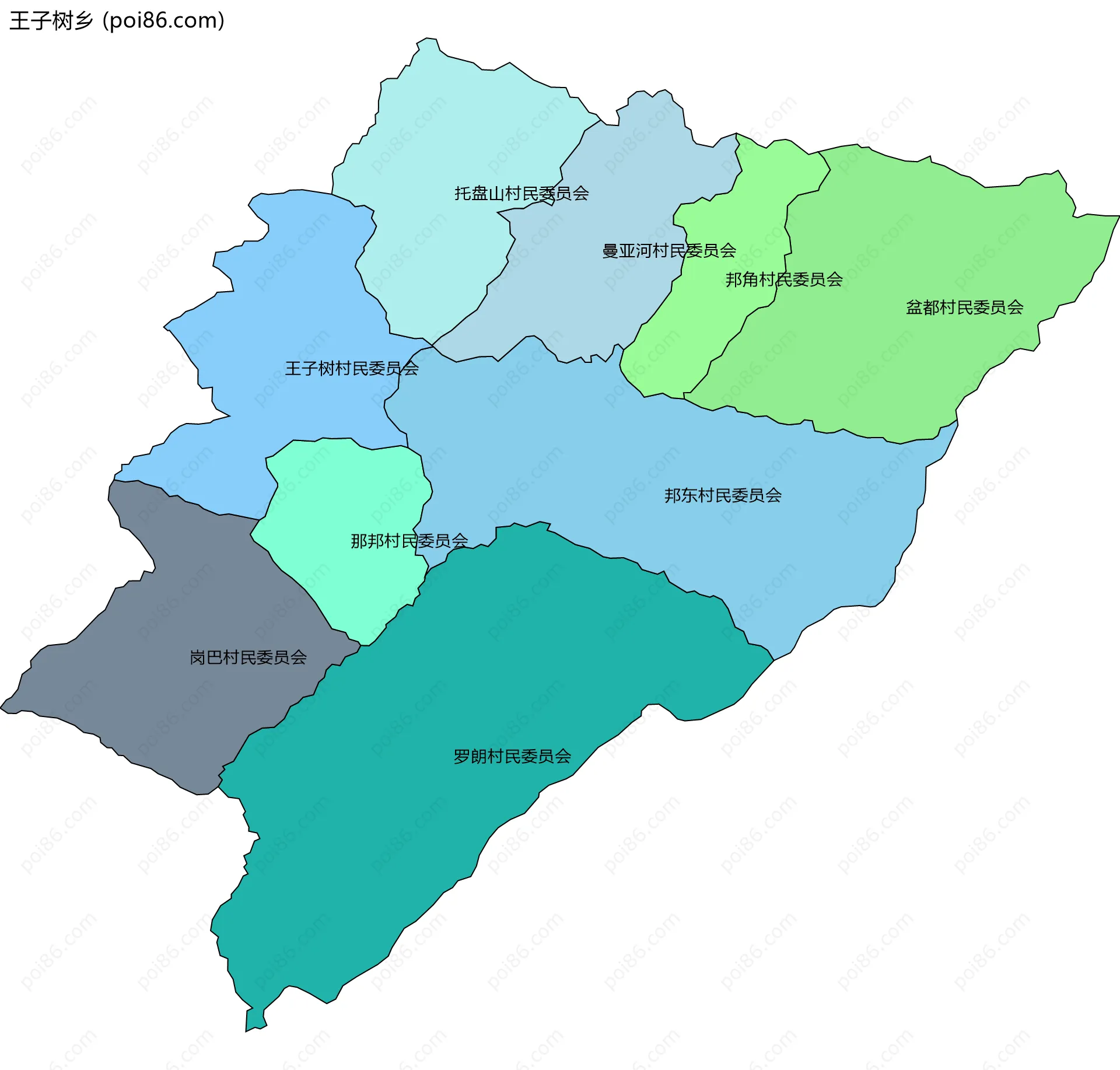 王子树乡边界地图(五级行政区划)