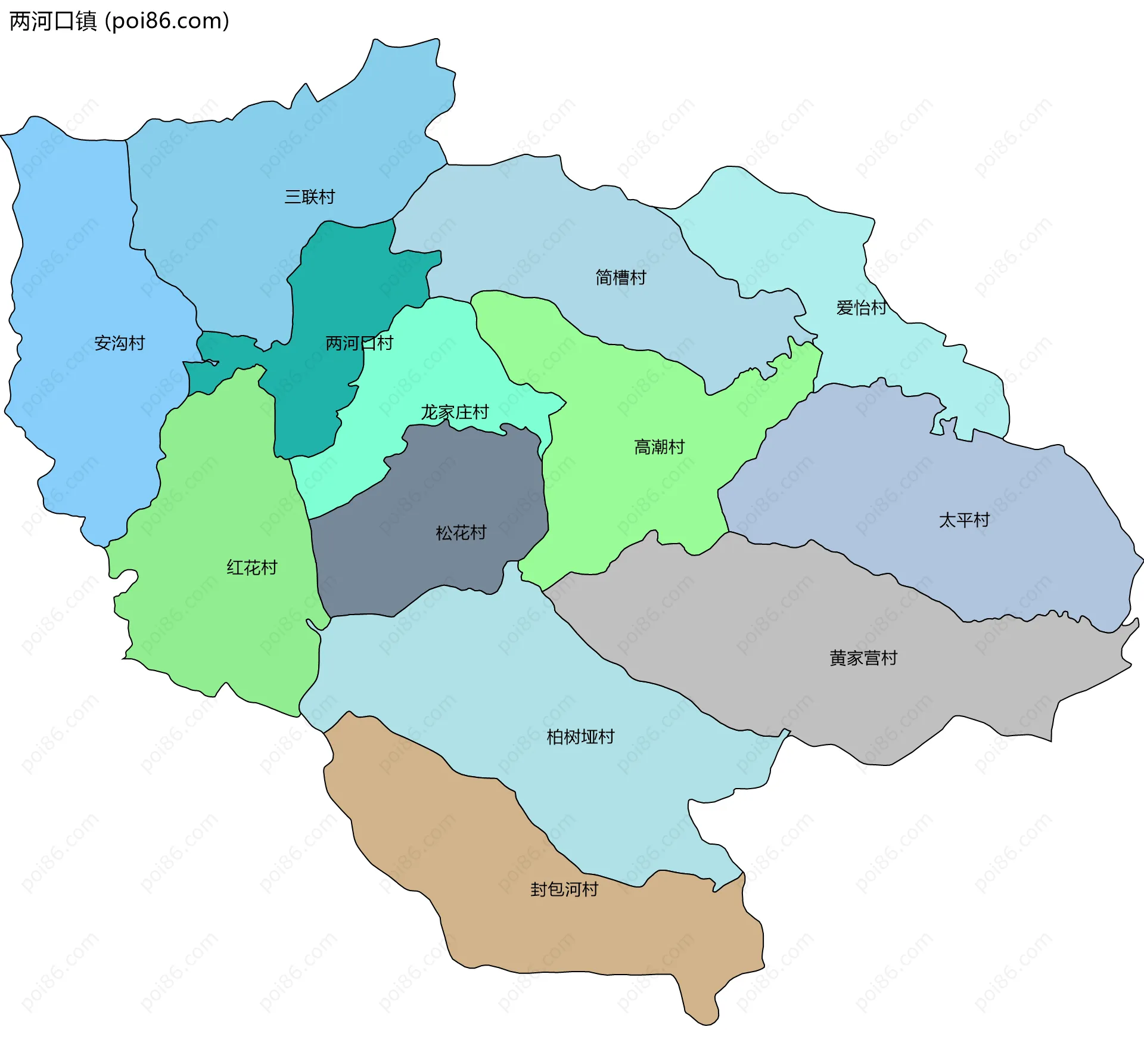 两河口镇边界地图(五级行政区划)