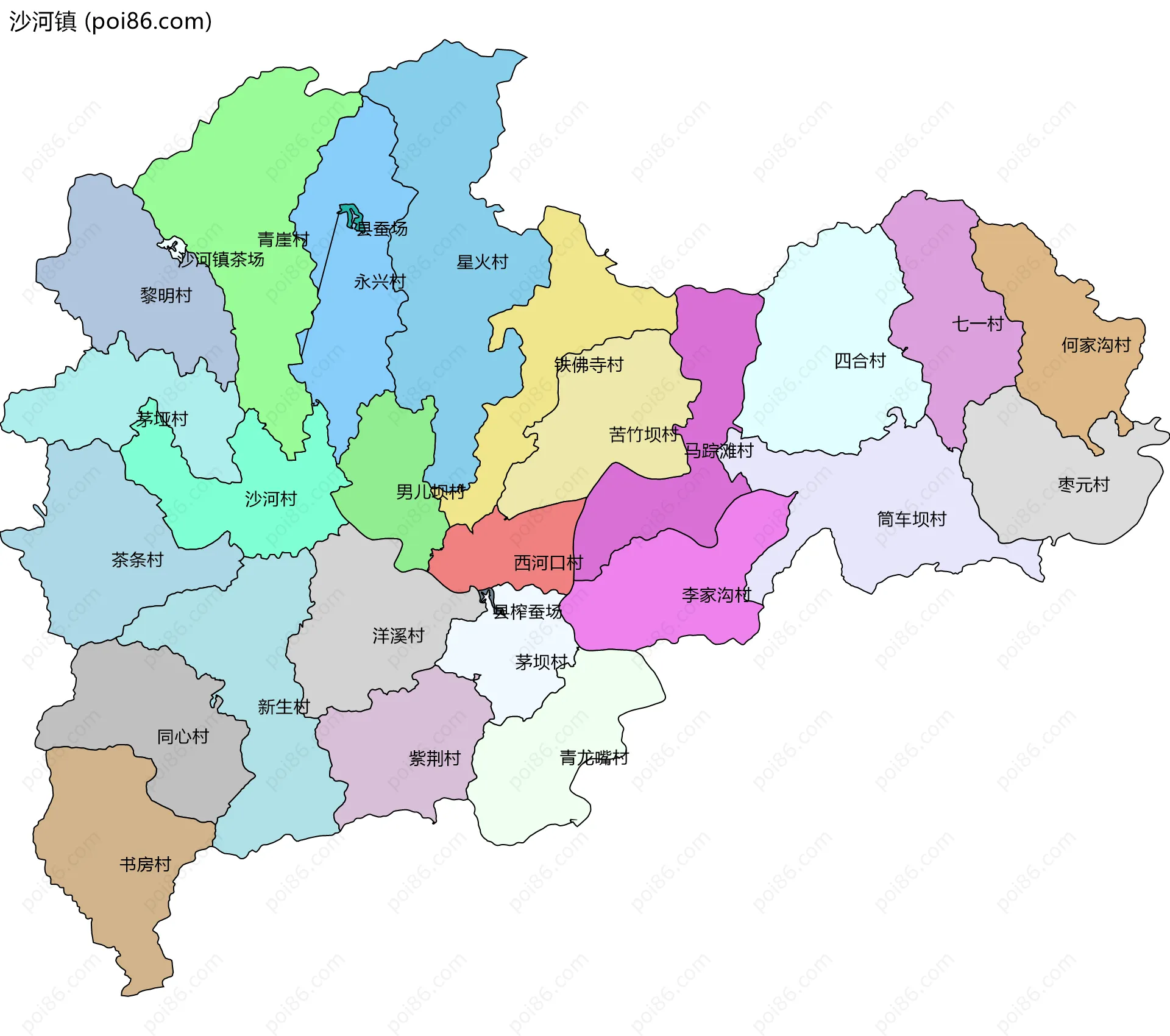 沙河镇边界地图(五级行政区划)