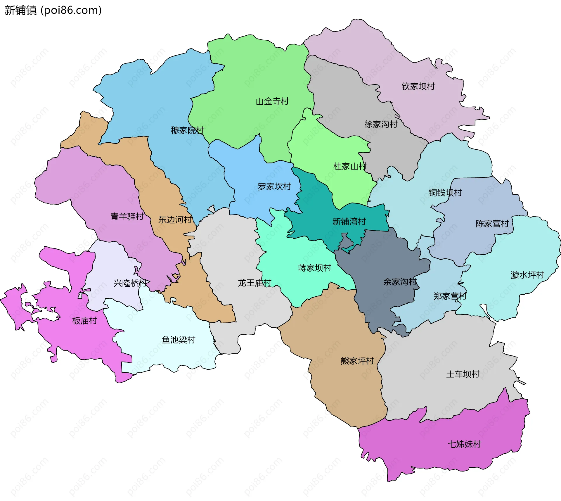 新铺镇边界地图(五级行政区划)