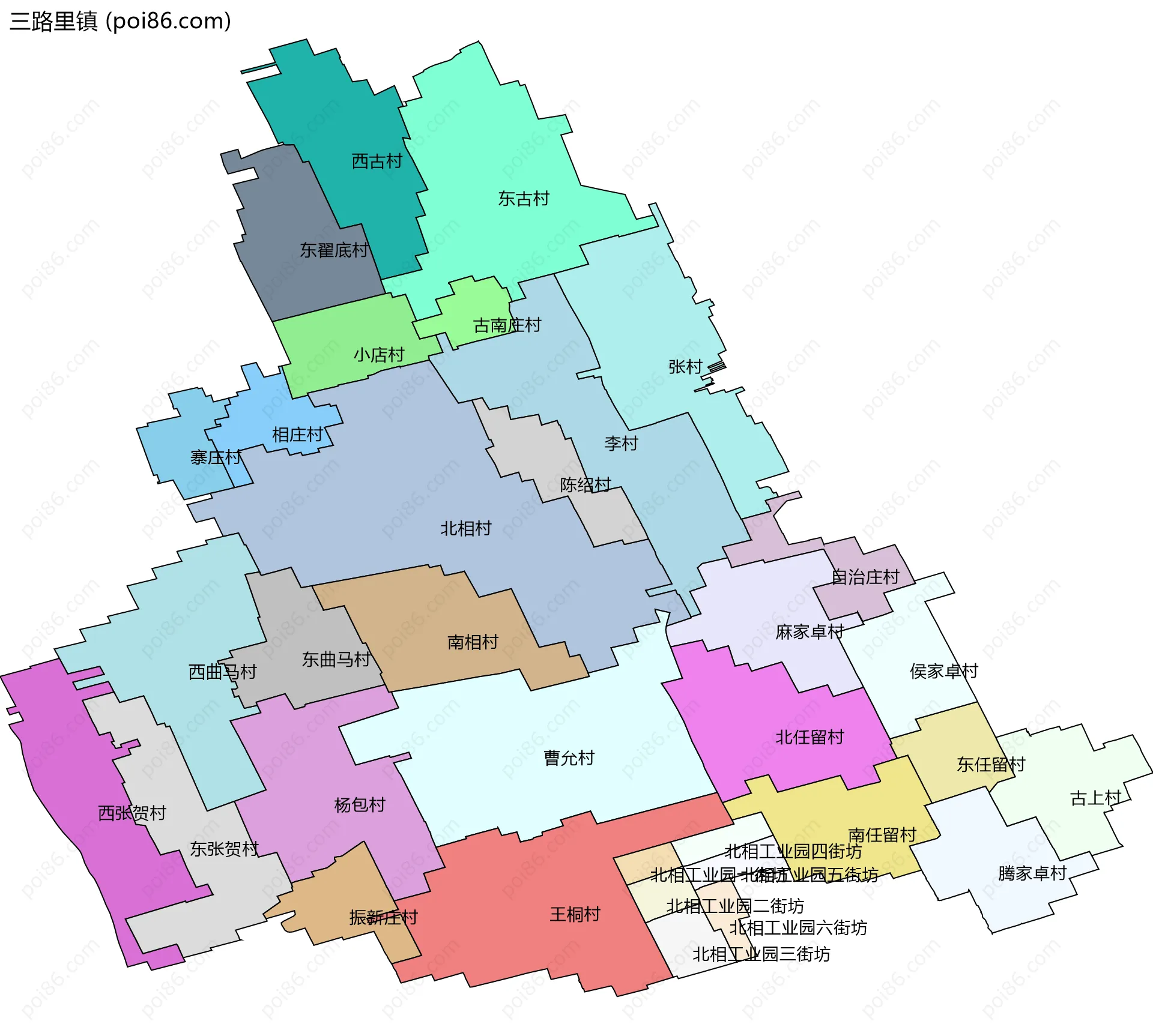 三路里镇边界地图(五级行政区划)