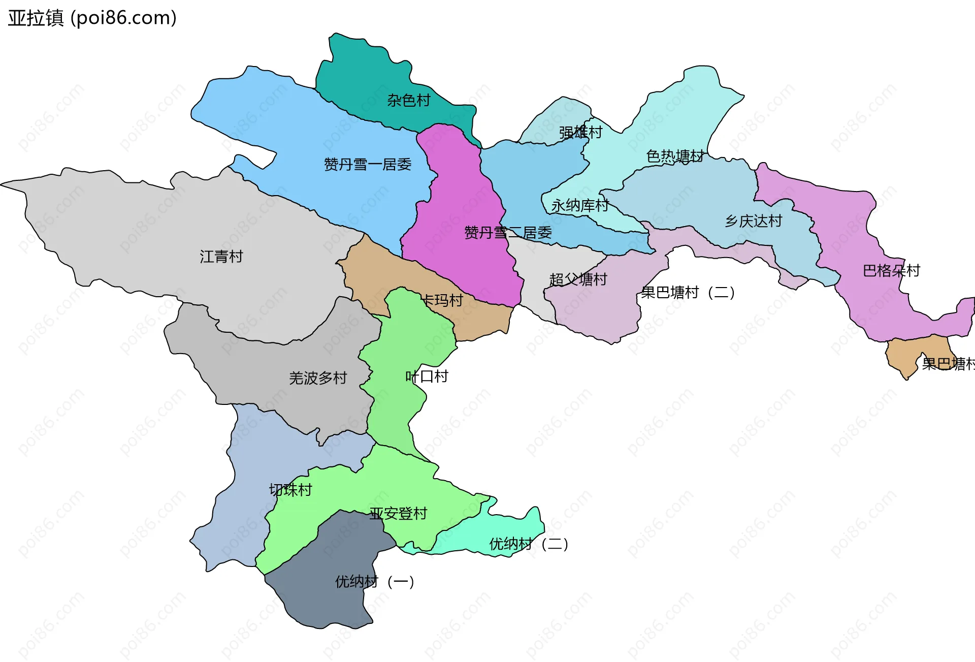 亚拉镇边界地图(五级行政区划)