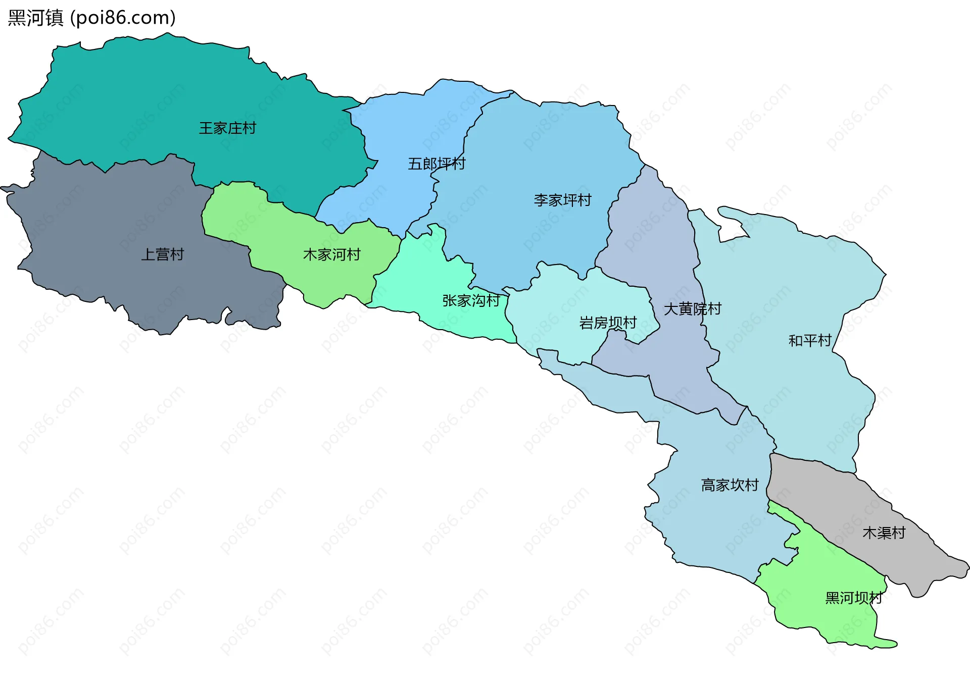黑河镇边界地图(五级行政区划)