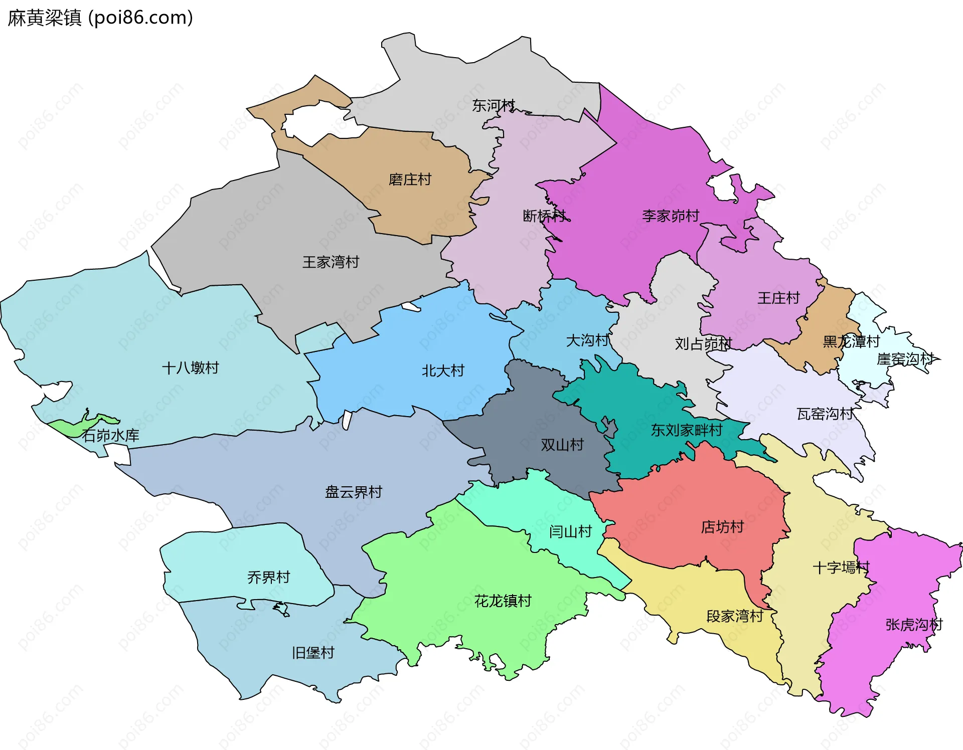 麻黄梁镇边界地图(五级行政区划)