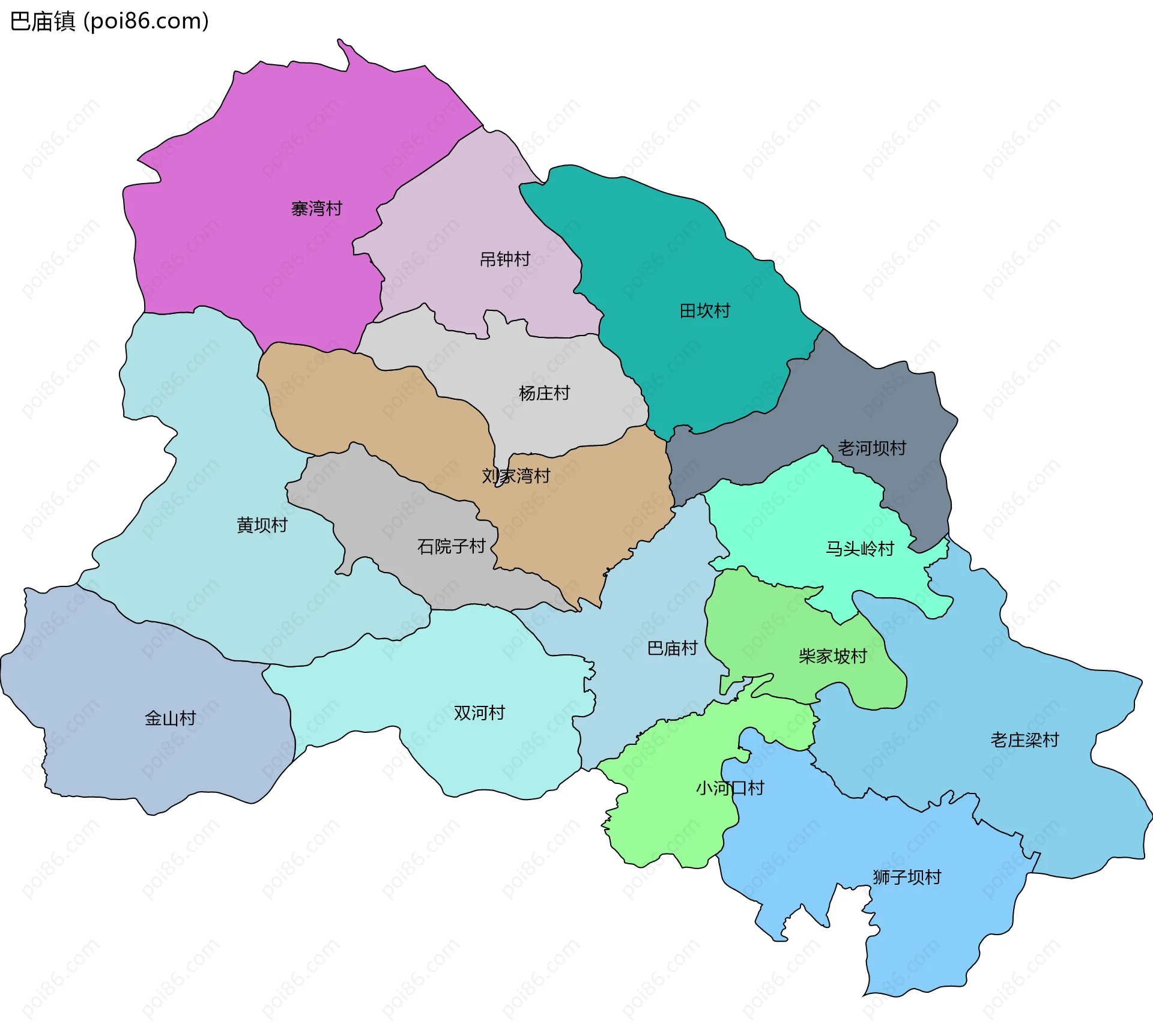 巴庙镇边界地图(五级行政区划)