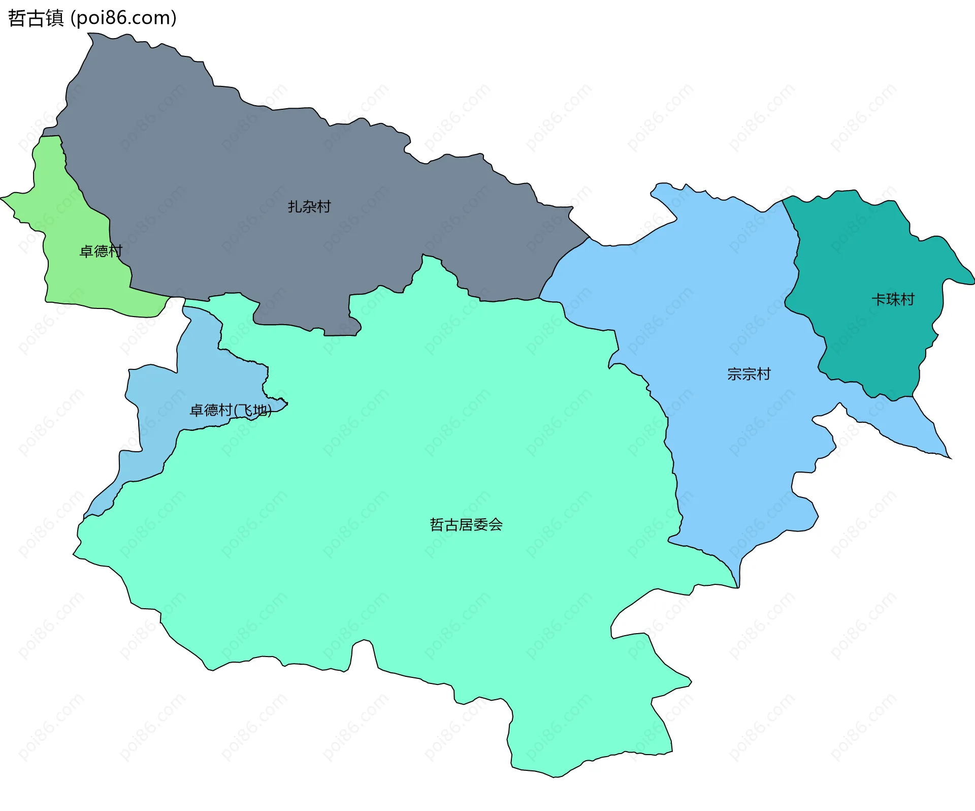 哲古镇边界地图(五级行政区划)