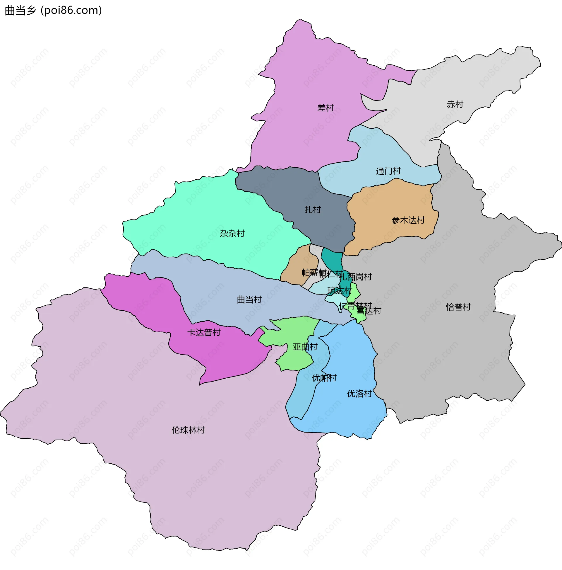 曲当乡边界地图(五级行政区划)