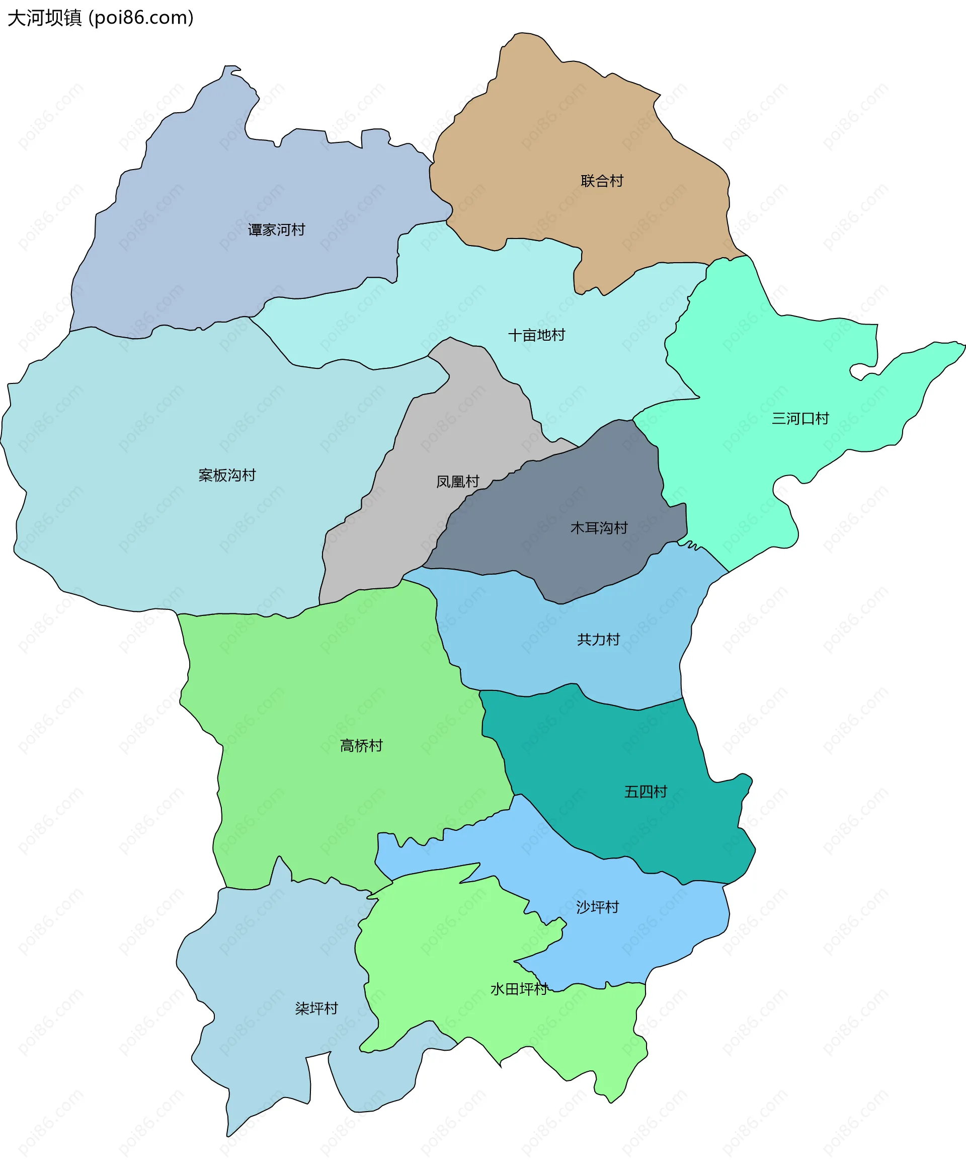 大河坝镇边界地图(五级行政区划)