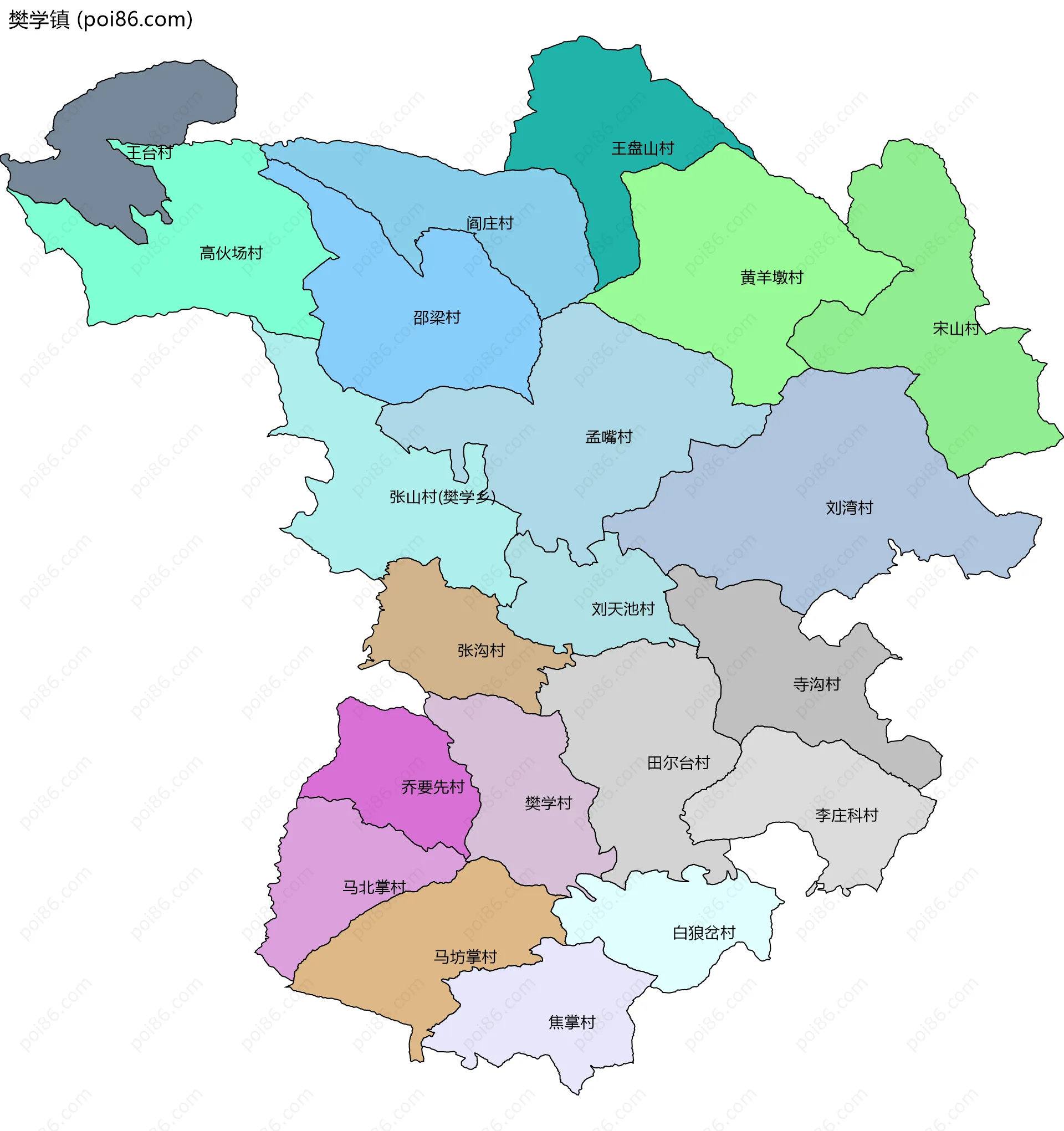樊学镇边界地图(五级行政区划)
