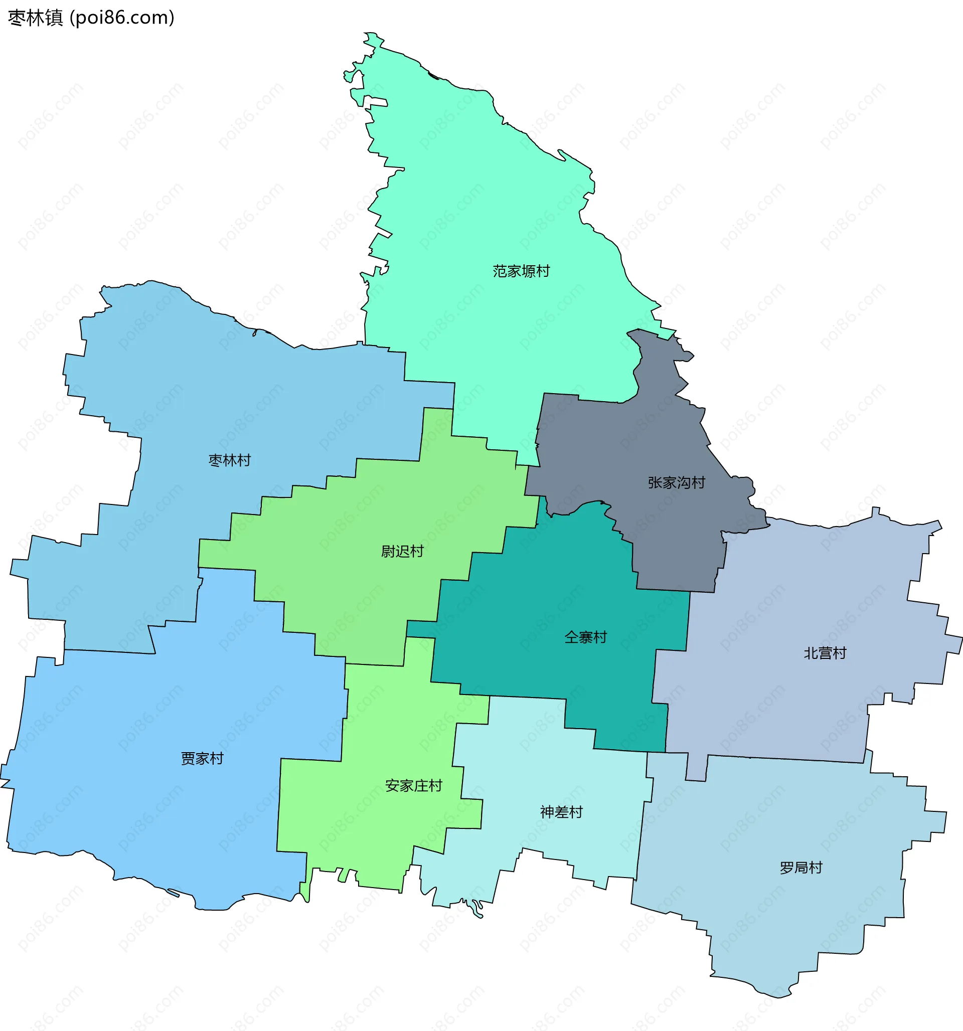 枣林镇边界地图(五级行政区划)