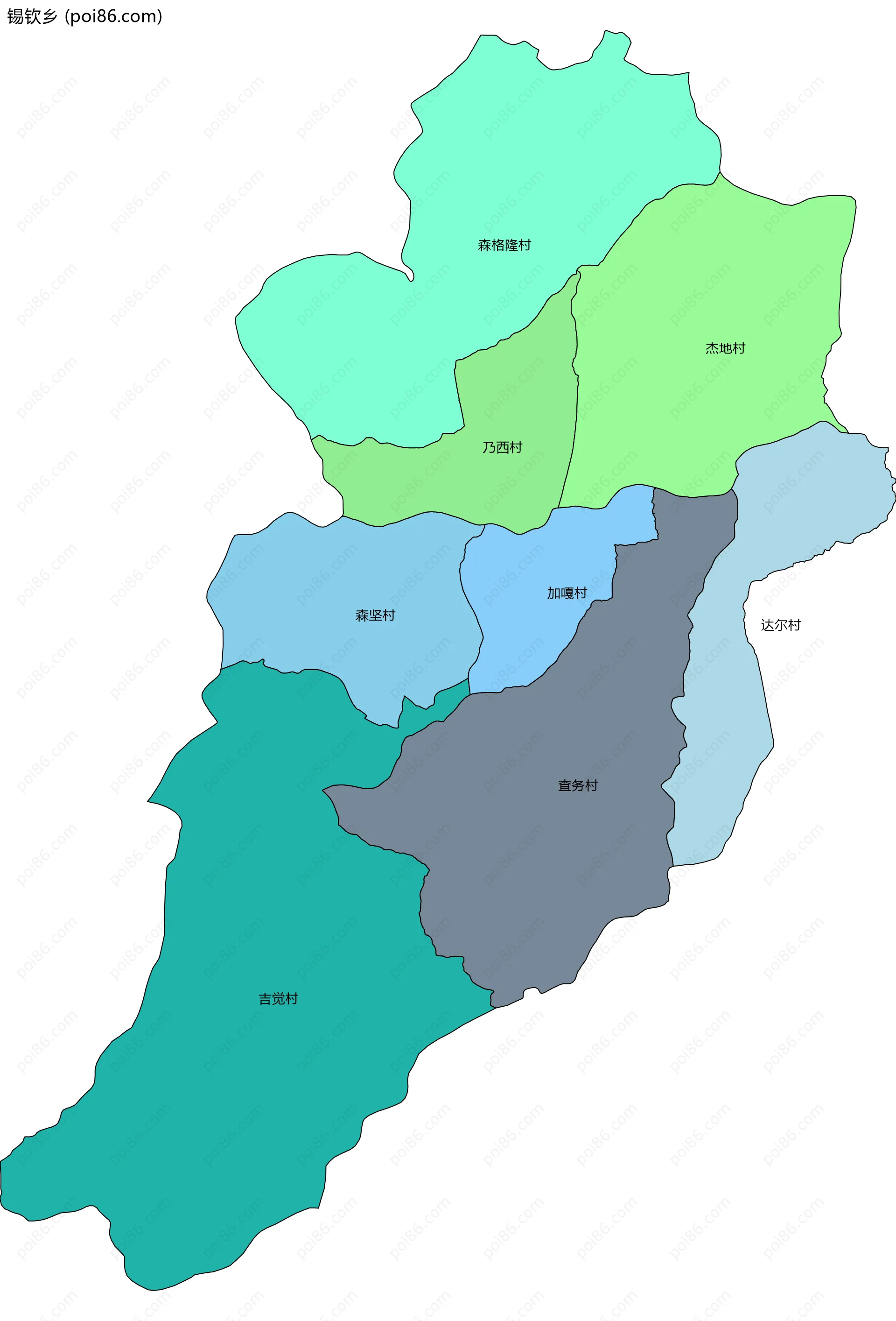 锡钦乡边界地图(五级行政区划)