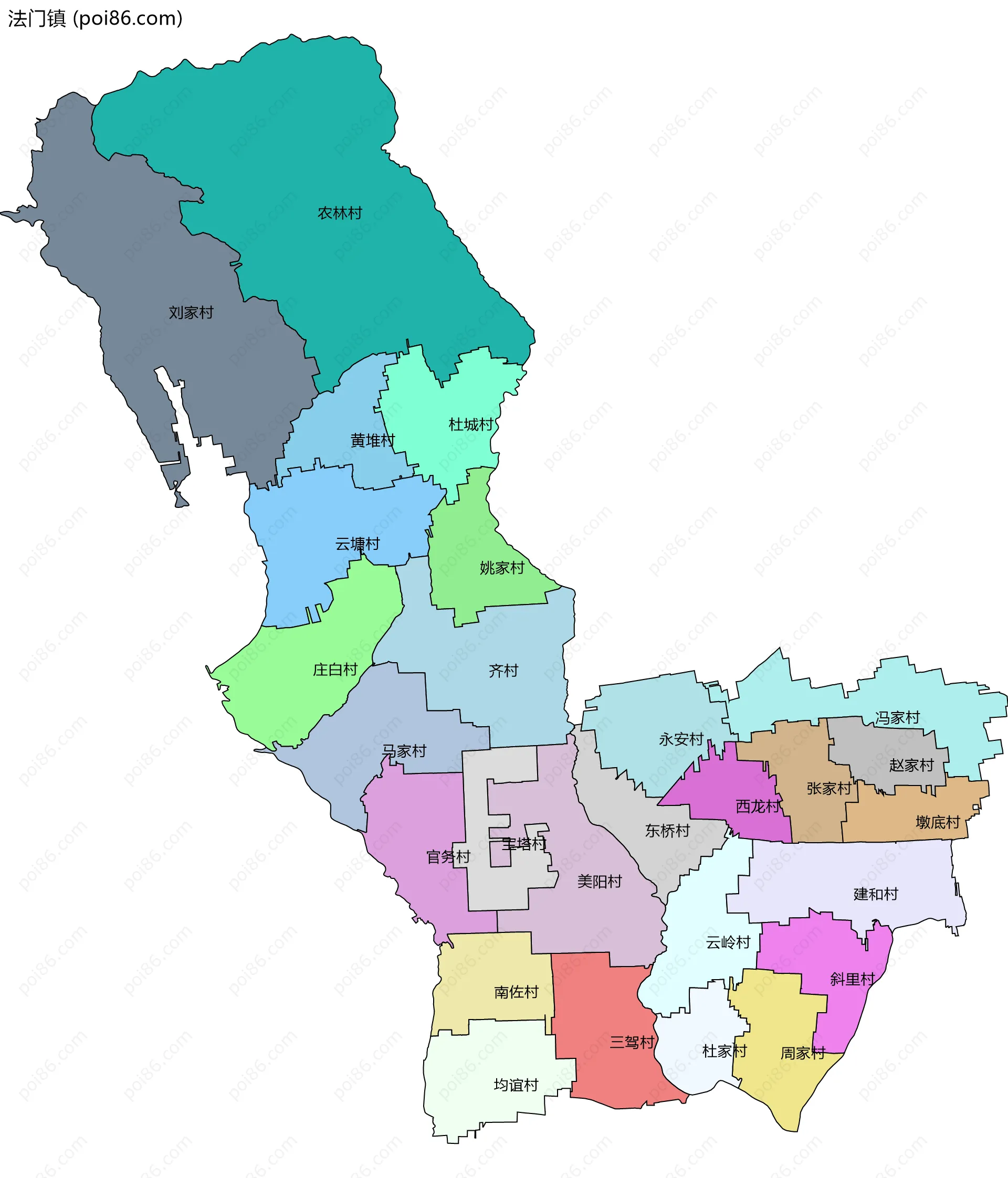 法门镇边界地图(五级行政区划)