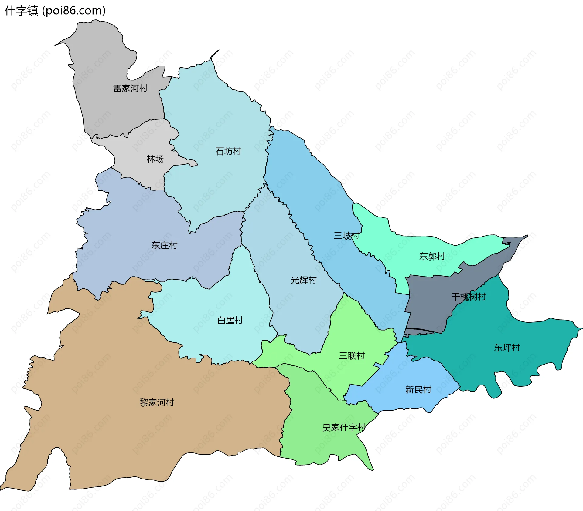 什字镇边界地图(五级行政区划)