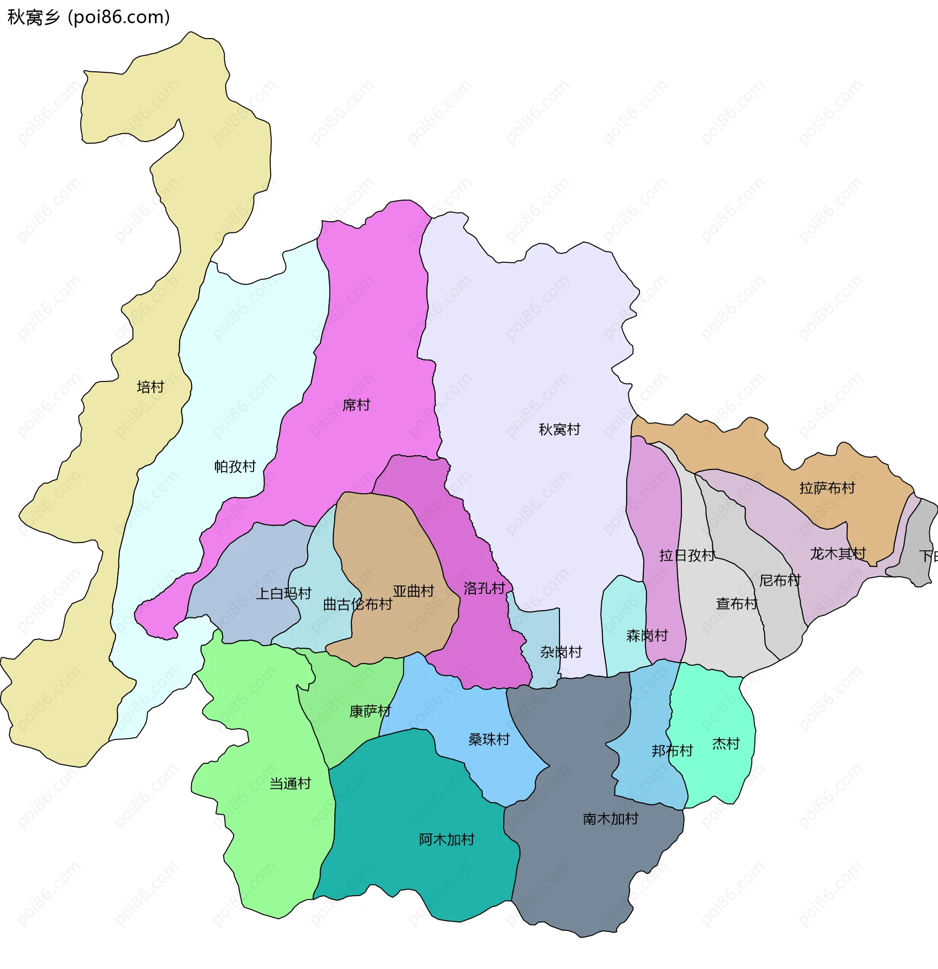 秋窝乡边界地图(五级行政区划)