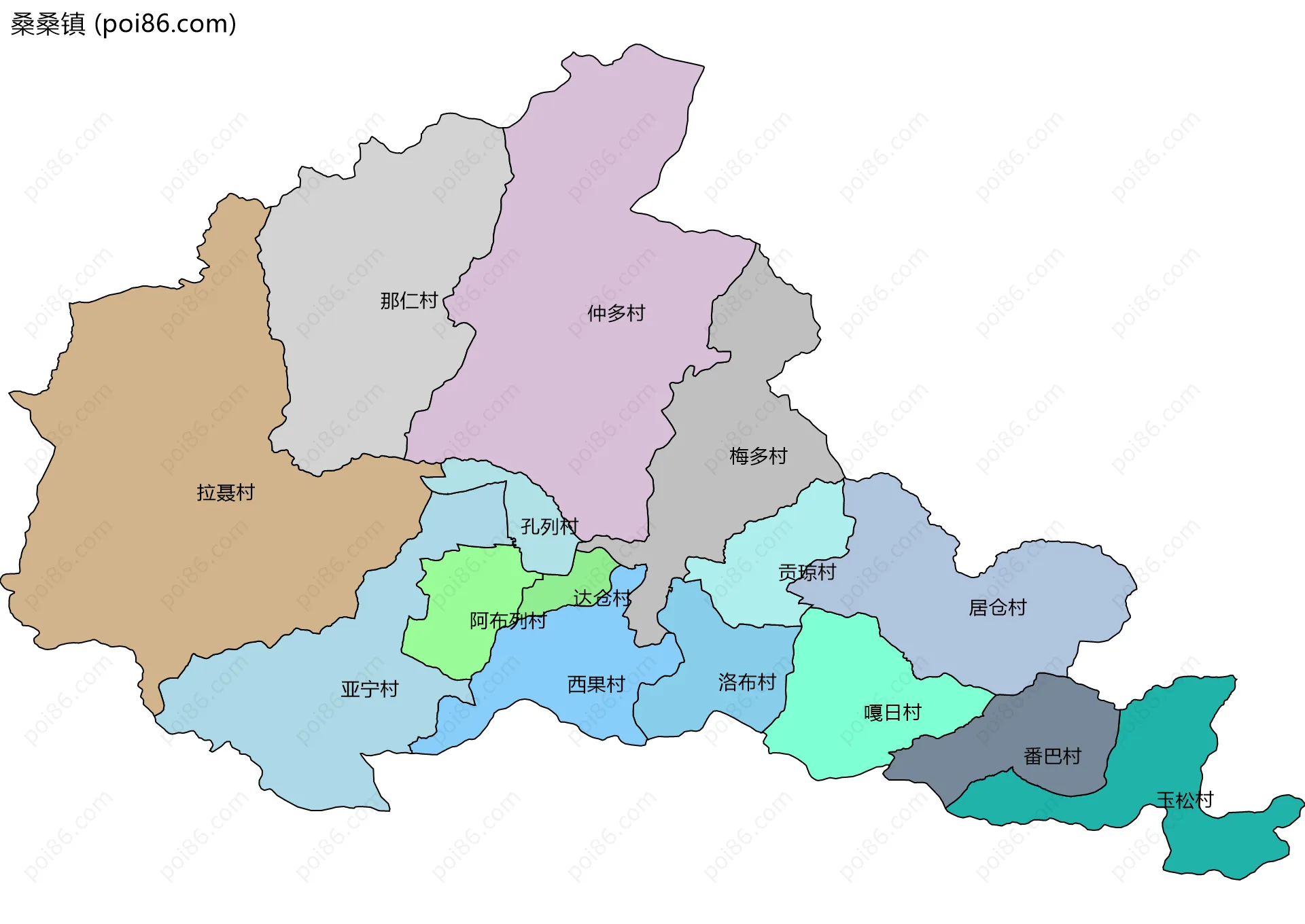 桑桑镇边界地图(五级行政区划)