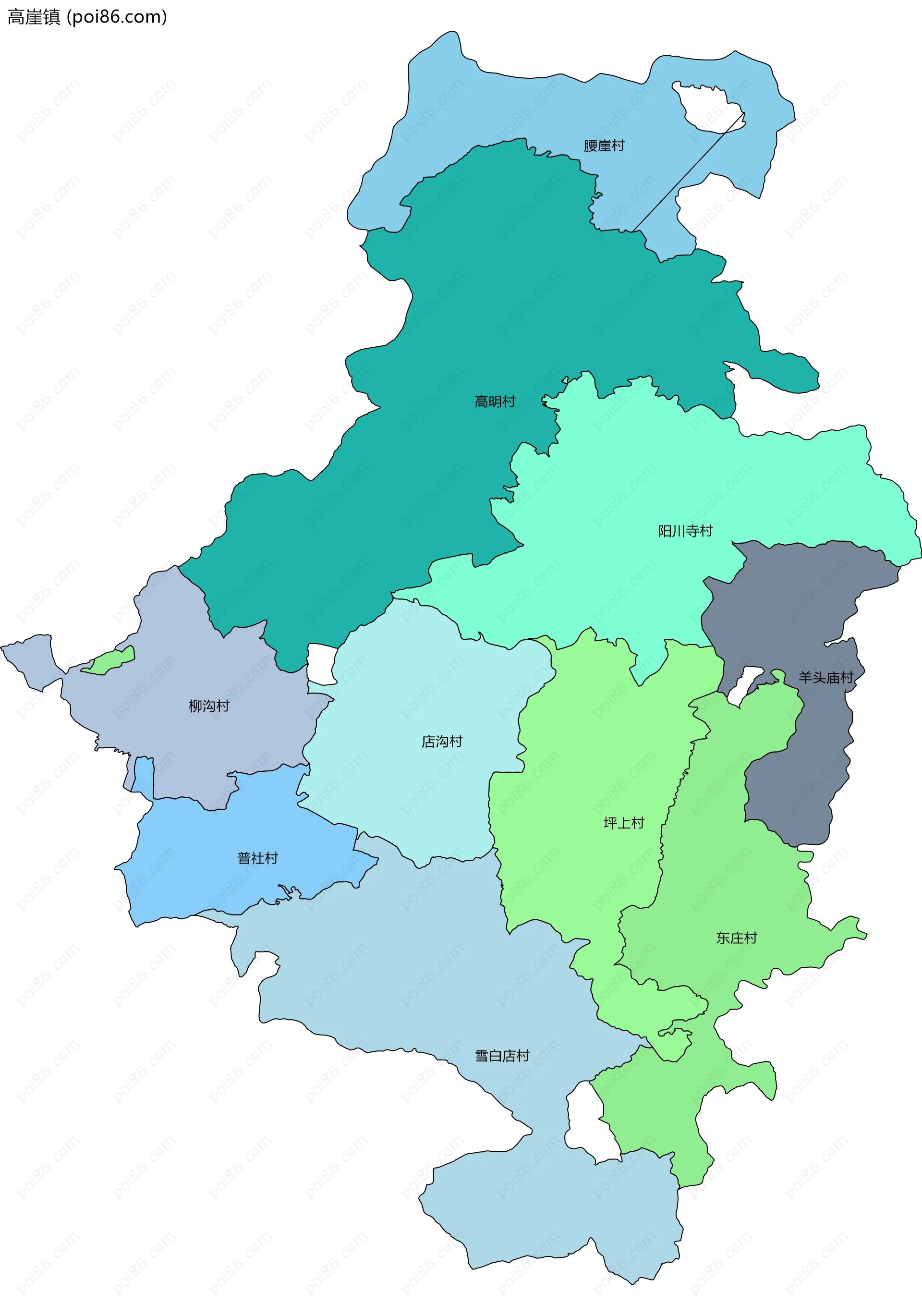 高崖镇边界地图(五级行政区划)