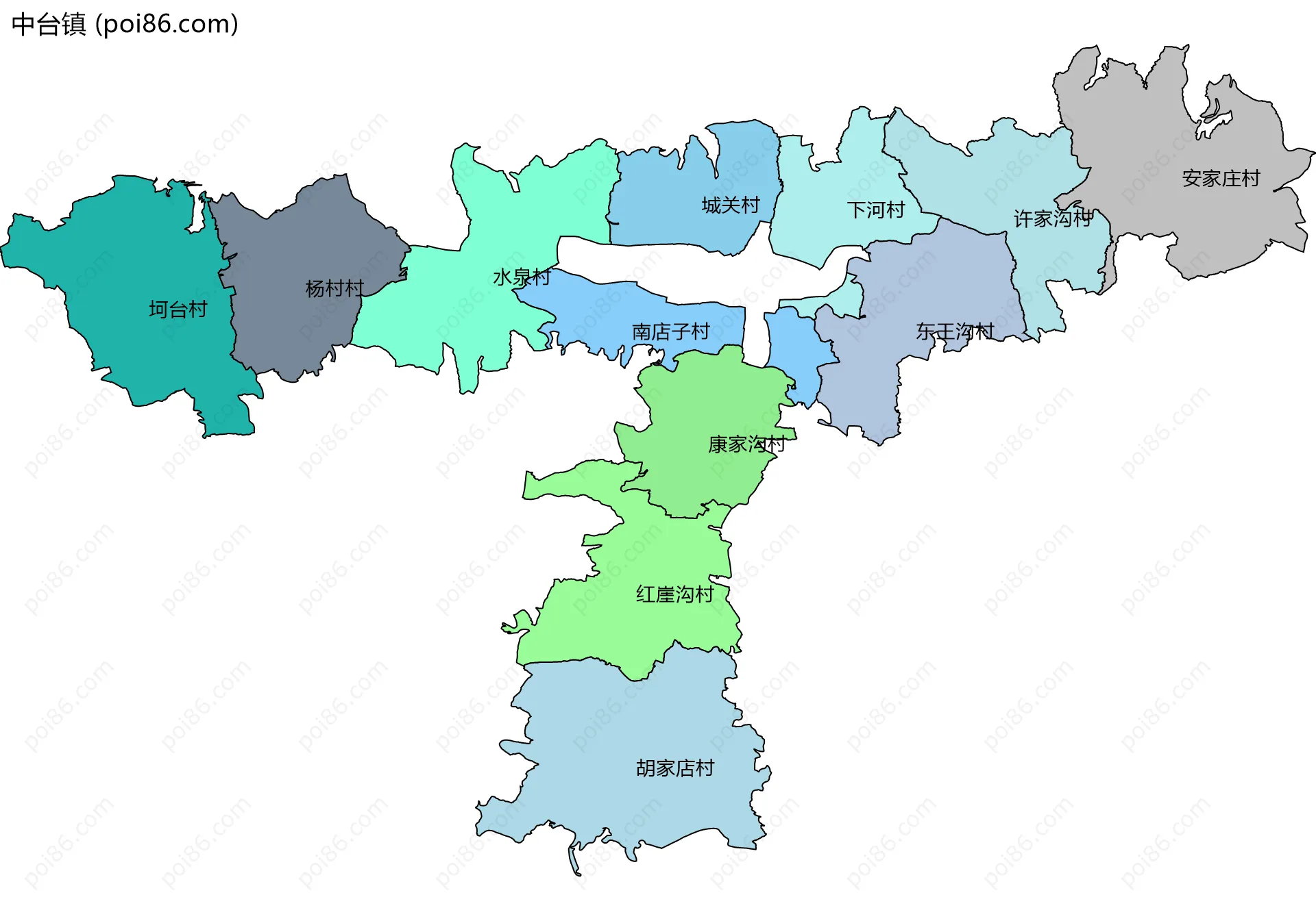 中台镇边界地图(五级行政区划)
