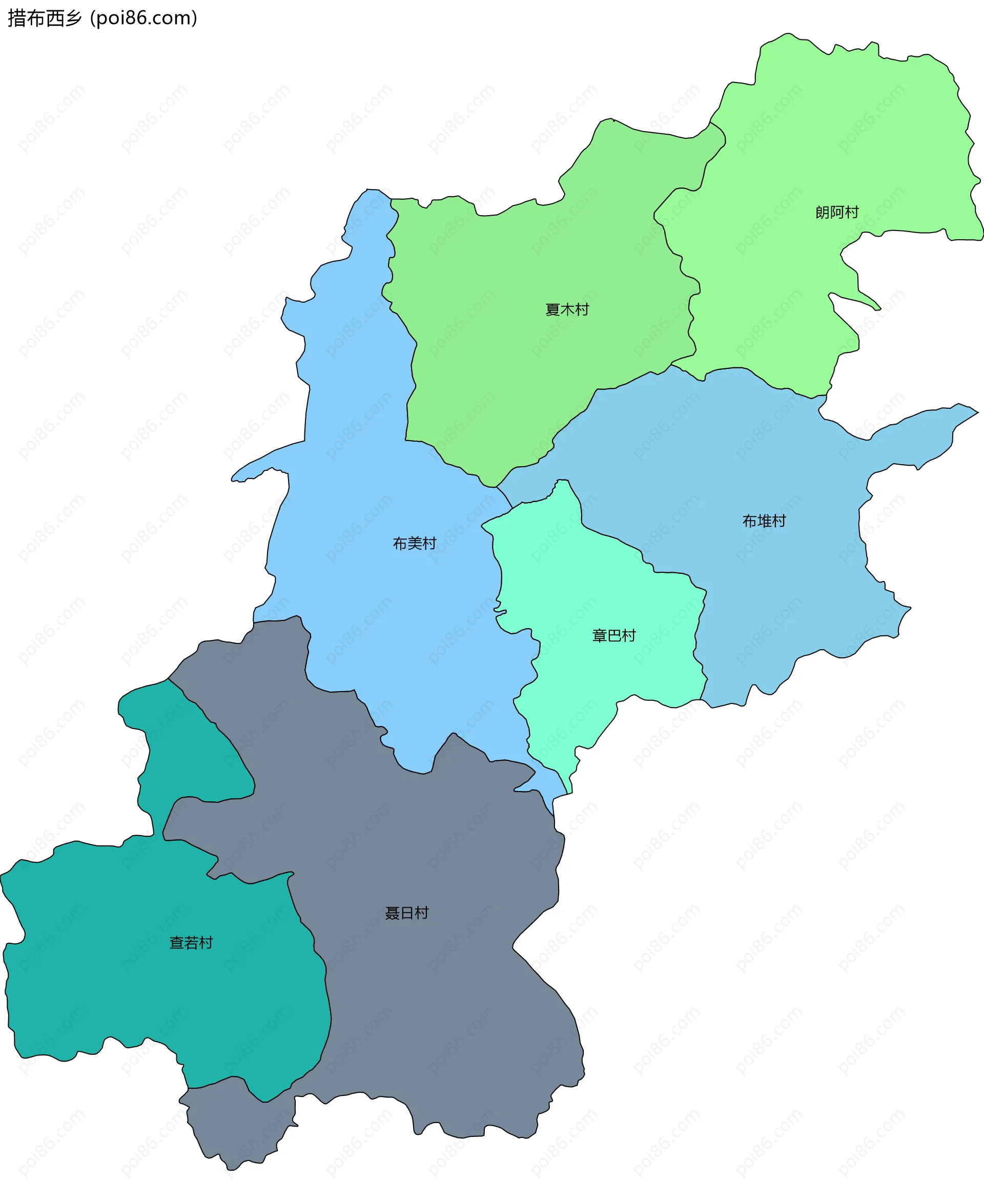 措布西乡边界地图(五级行政区划)