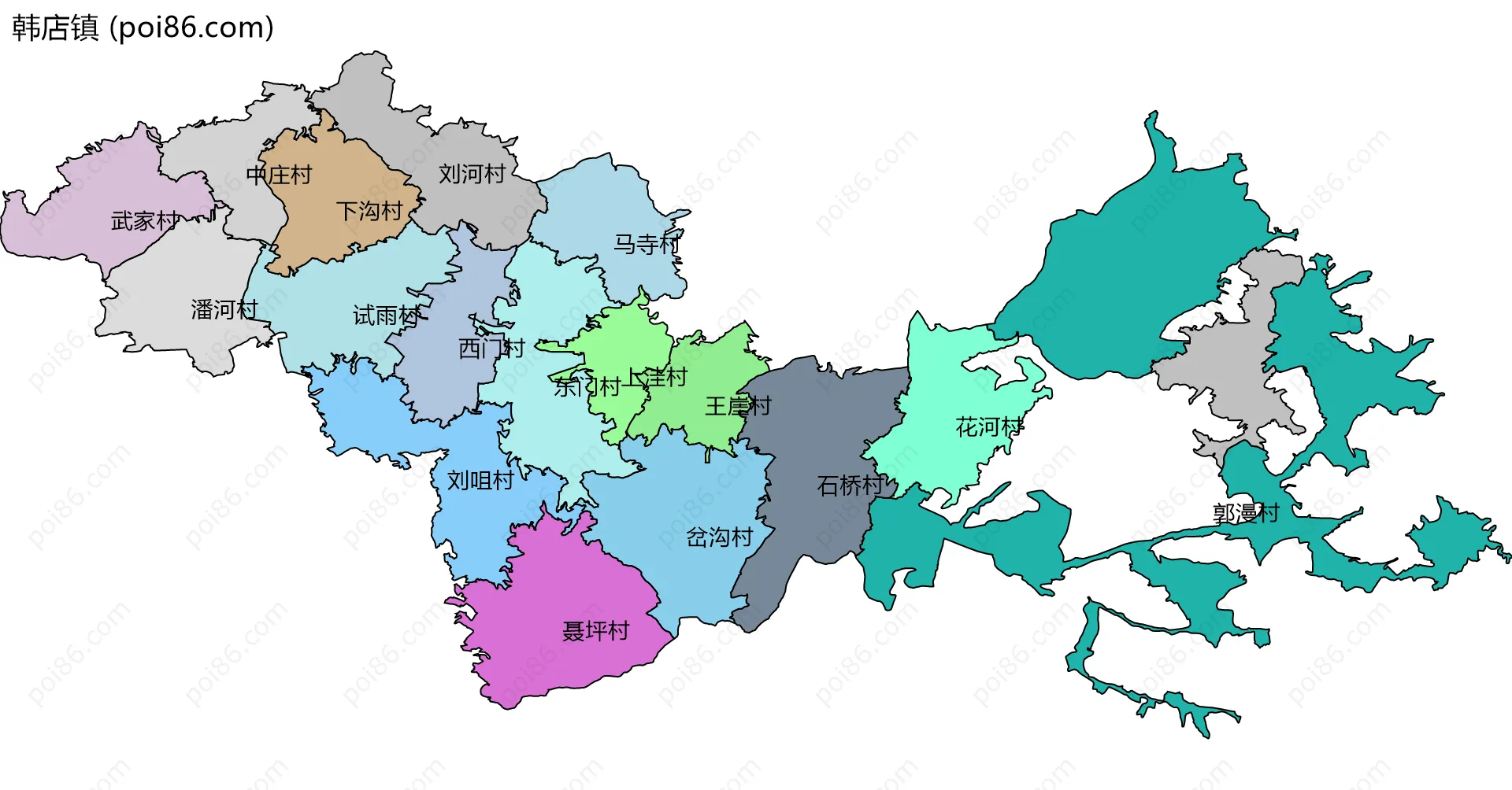 韩店镇边界地图(五级行政区划)