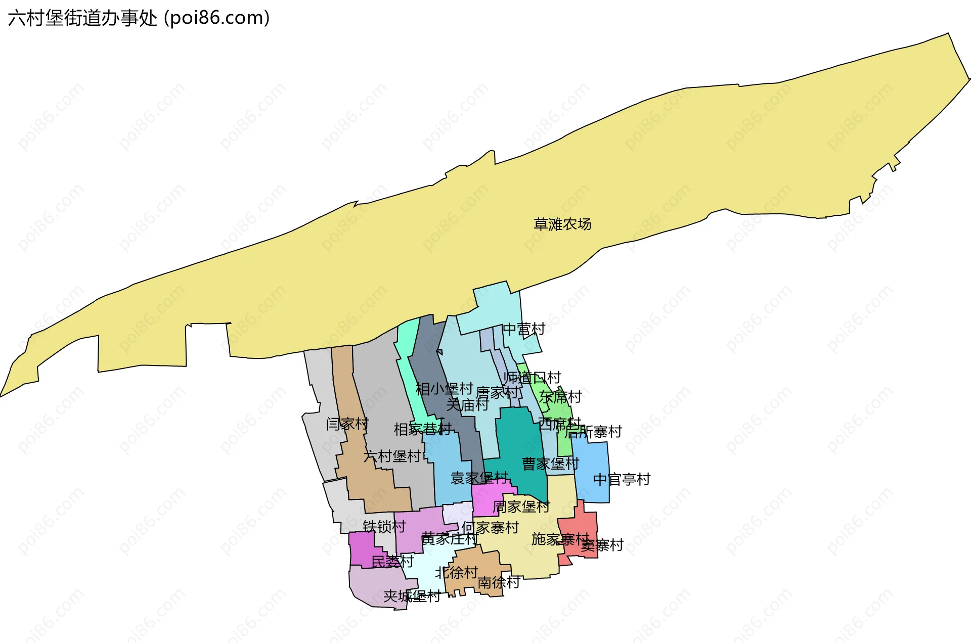 六村堡街道办事处边界地图(五级行政区划)