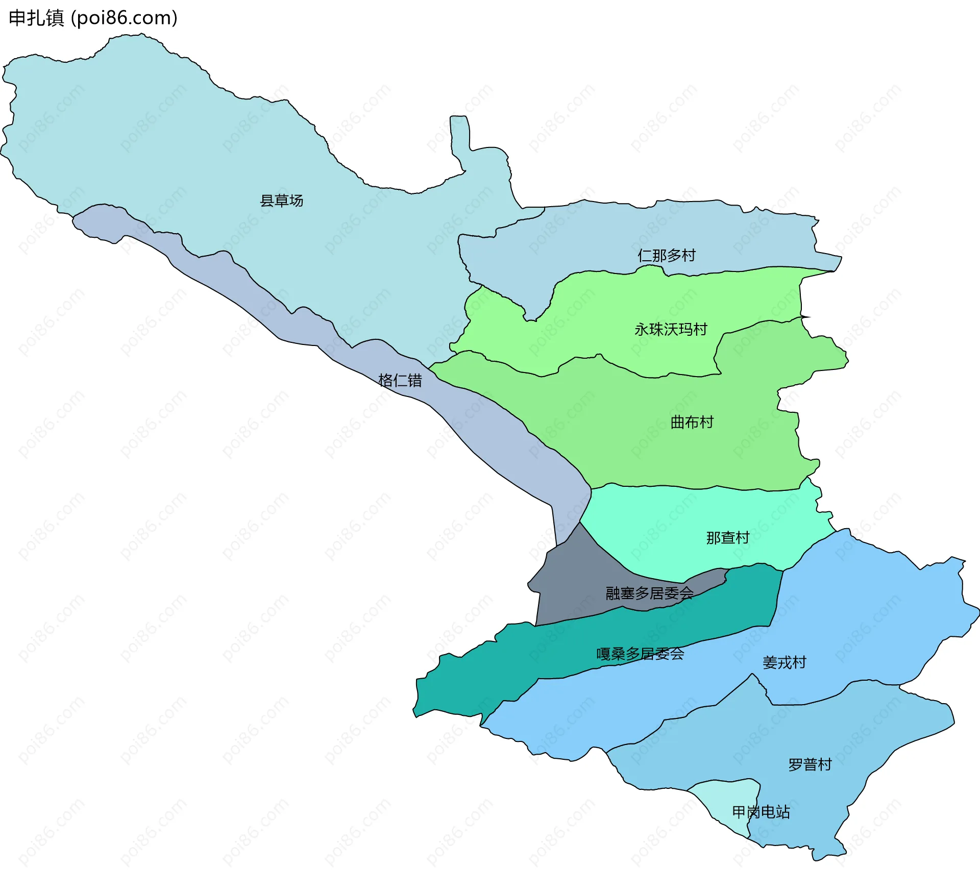 申扎镇边界地图(五级行政区划)