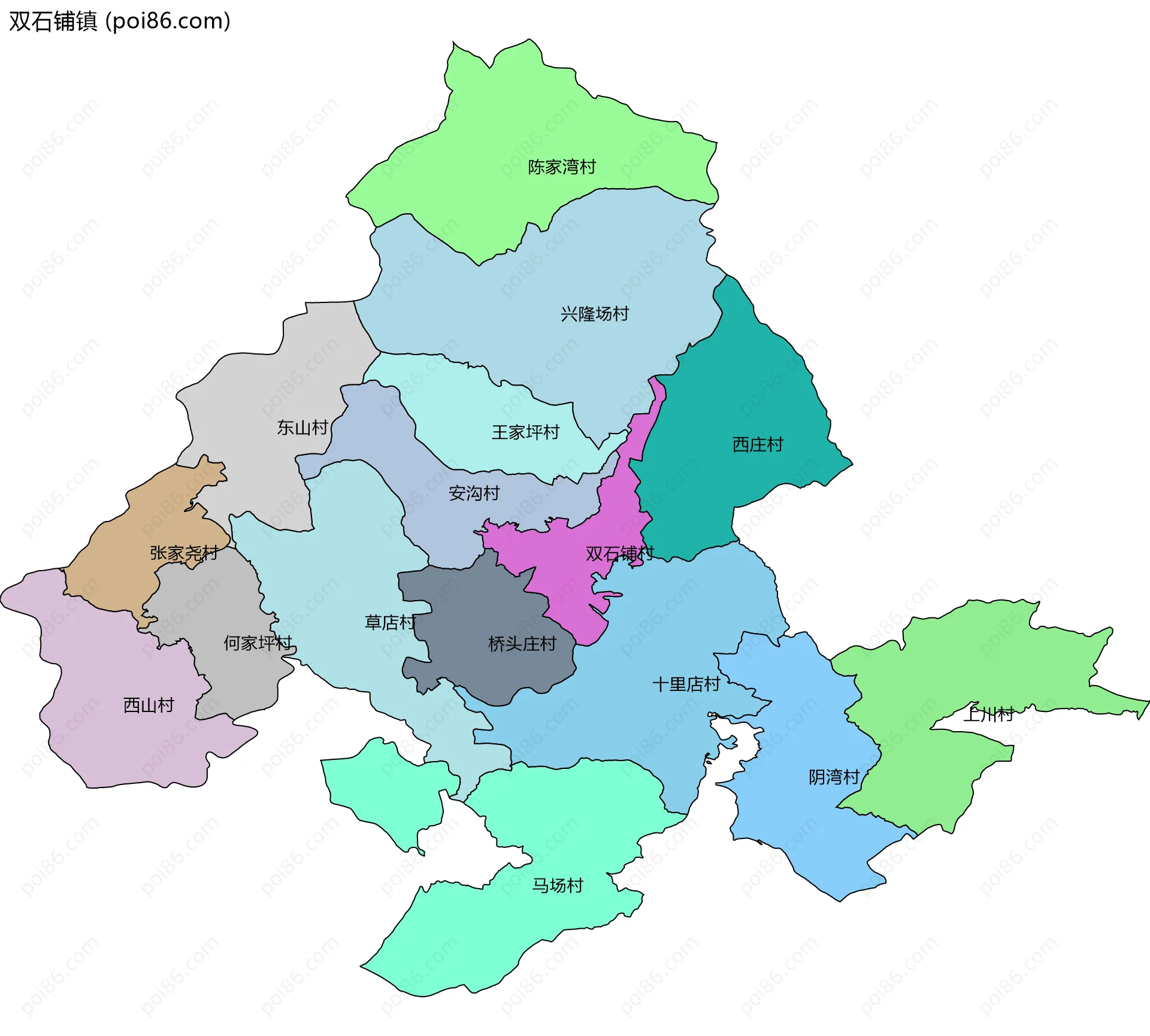 双石铺镇边界地图(五级行政区划)