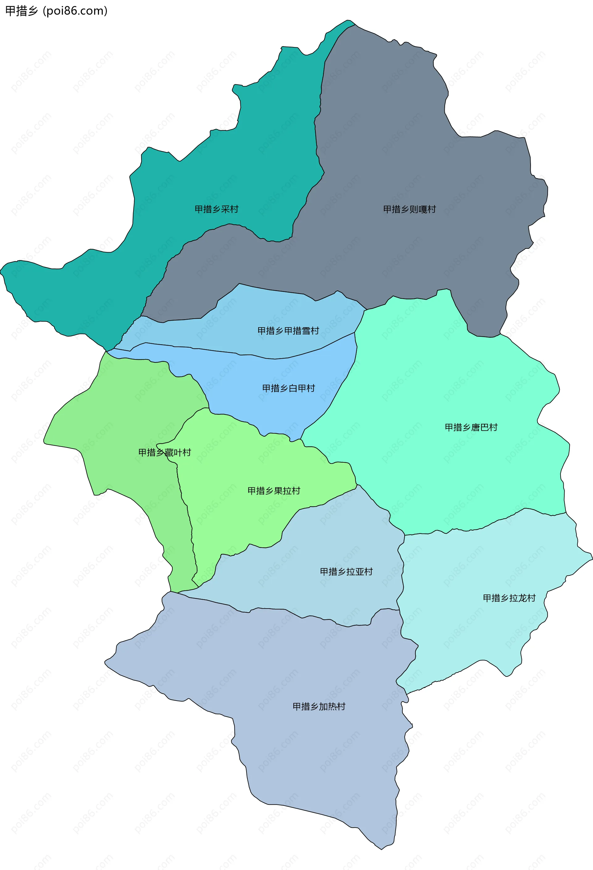 甲措乡边界地图(五级行政区划)