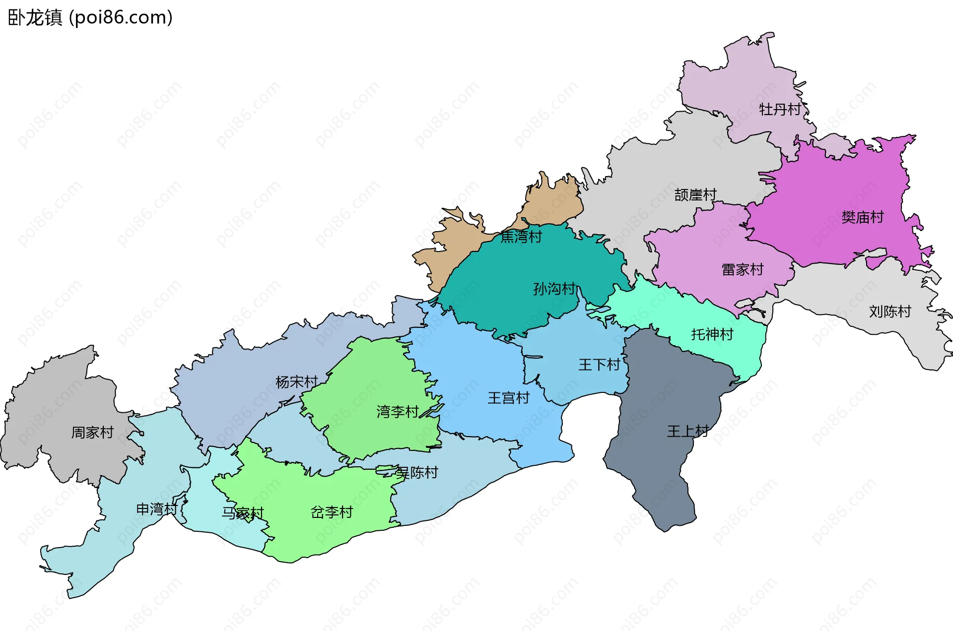 卧龙镇边界地图(五级行政区划)