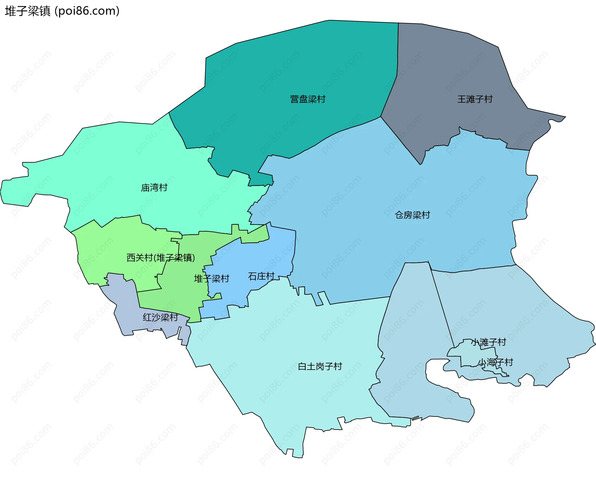 堆子梁镇边界地图(五级行政区划)