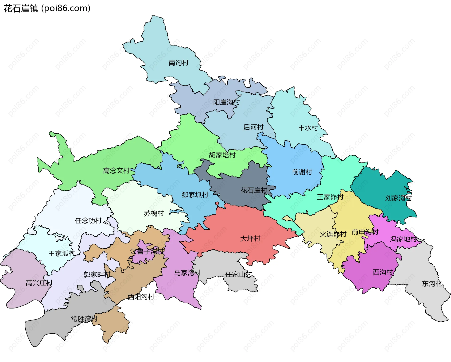 花石崖镇边界地图(五级行政区划)