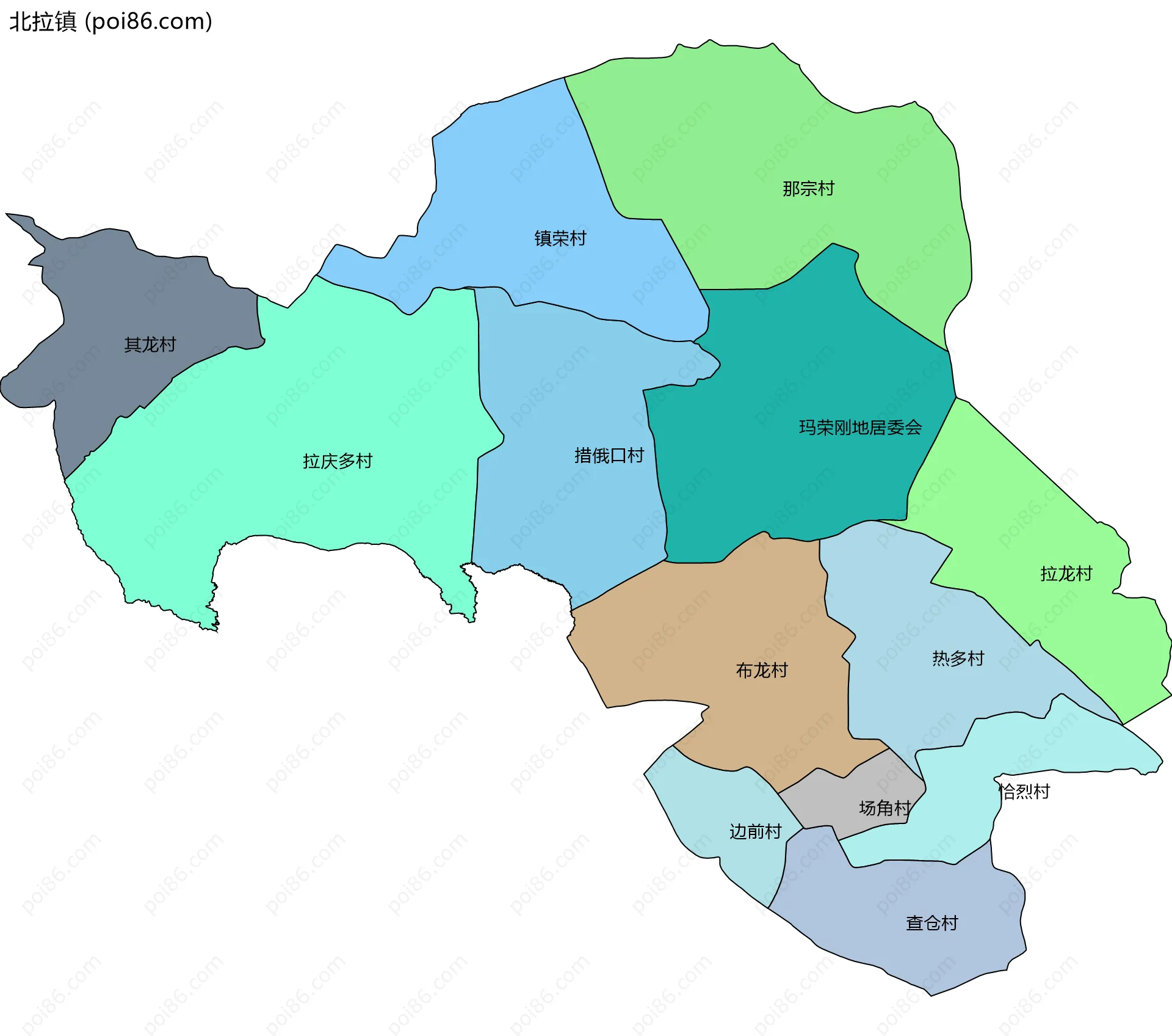 北拉镇边界地图(五级行政区划)