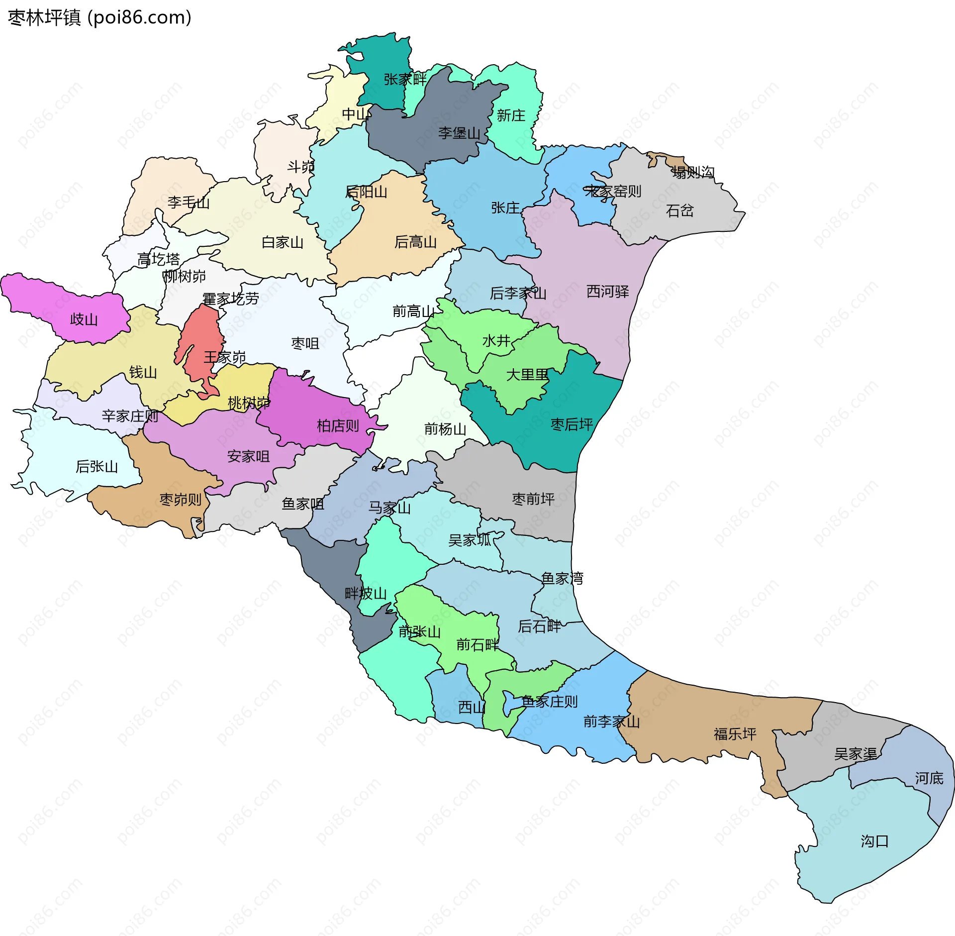 枣林坪镇边界地图(五级行政区划)