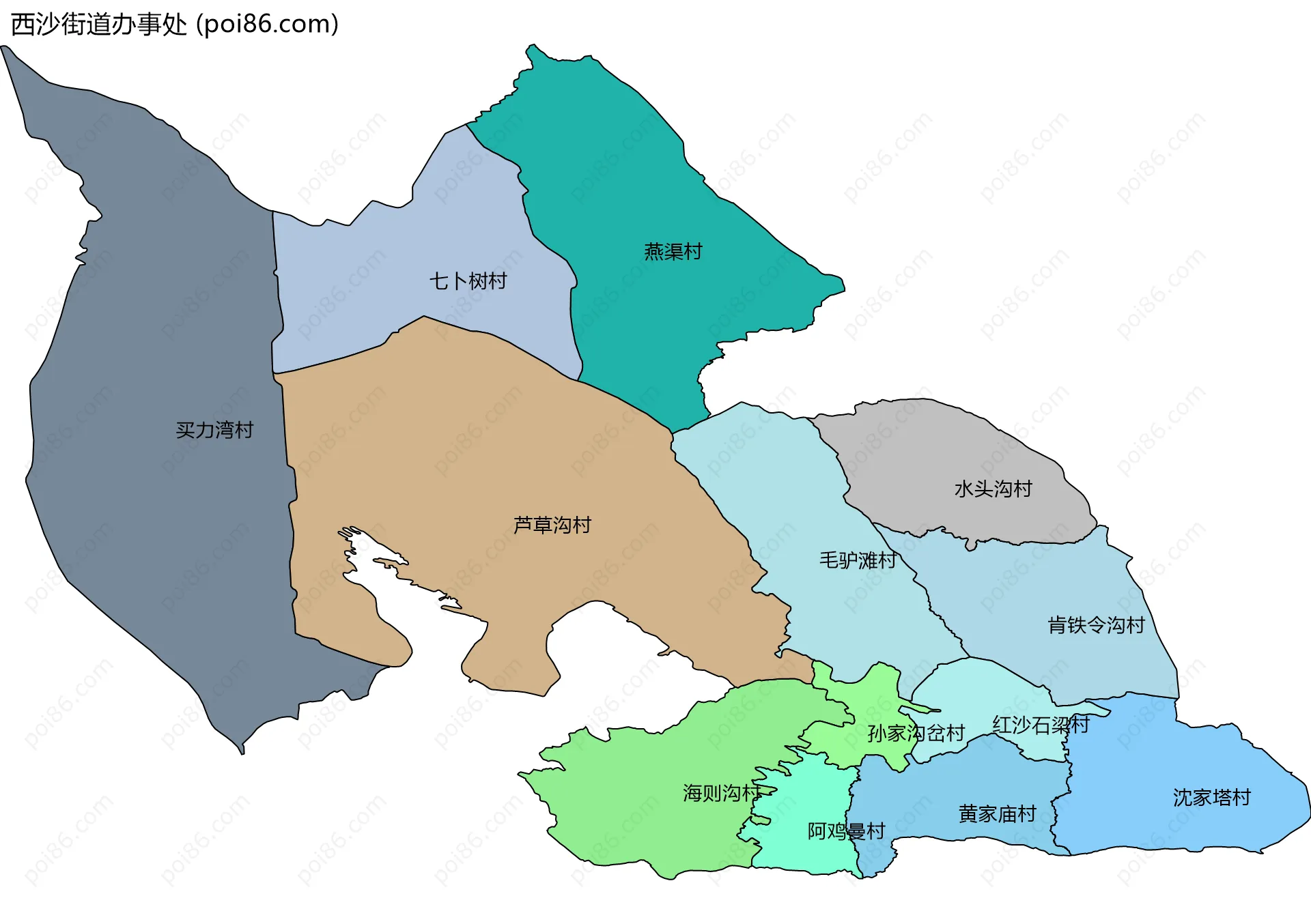 西沙街道办事处边界地图(五级行政区划)